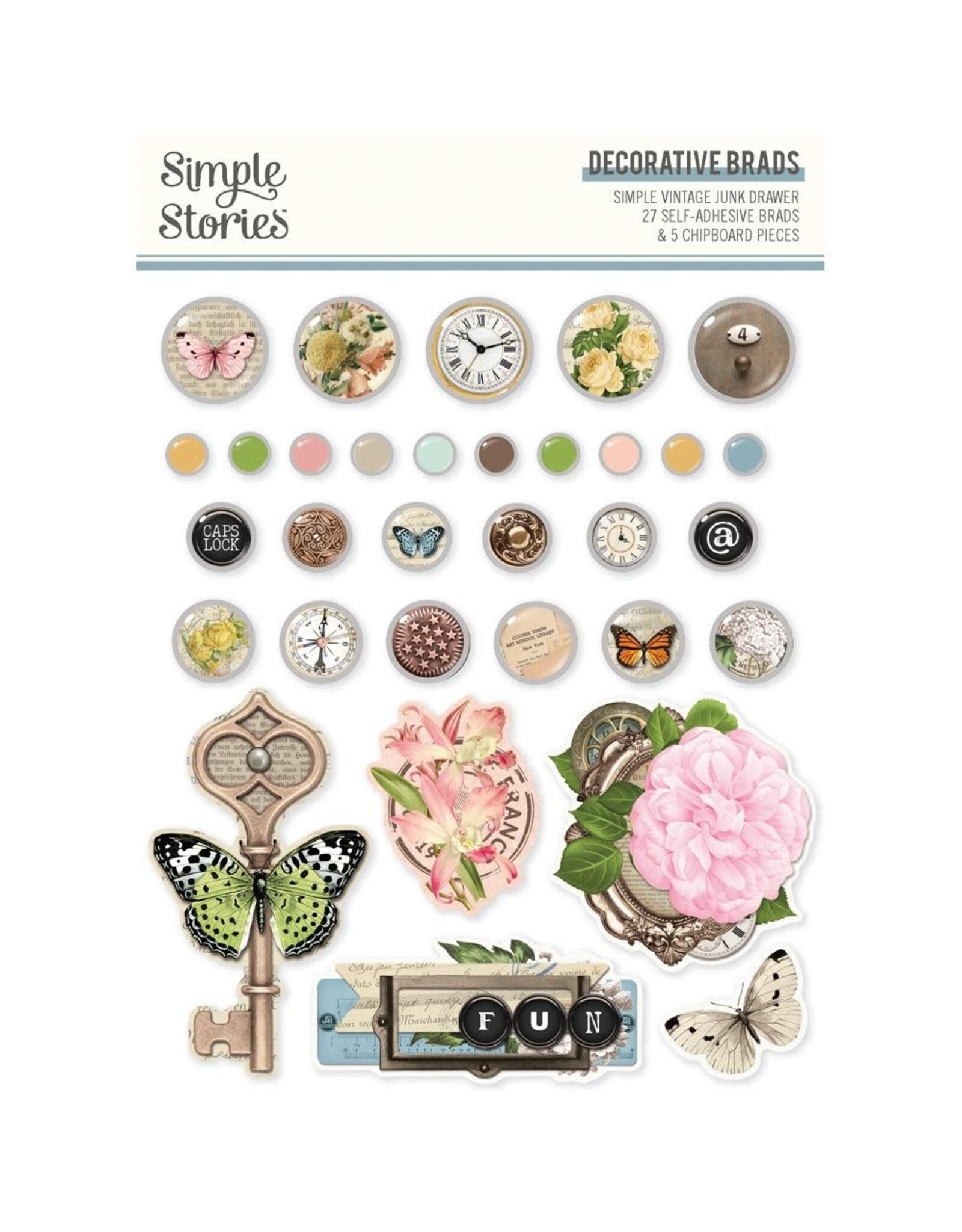 SIMPLE STORIES SIMPLE STORIES SIMPLE VINTAGE JUNK DRAWER DECORATIVE BRADS & CHIPBOARD PIECES