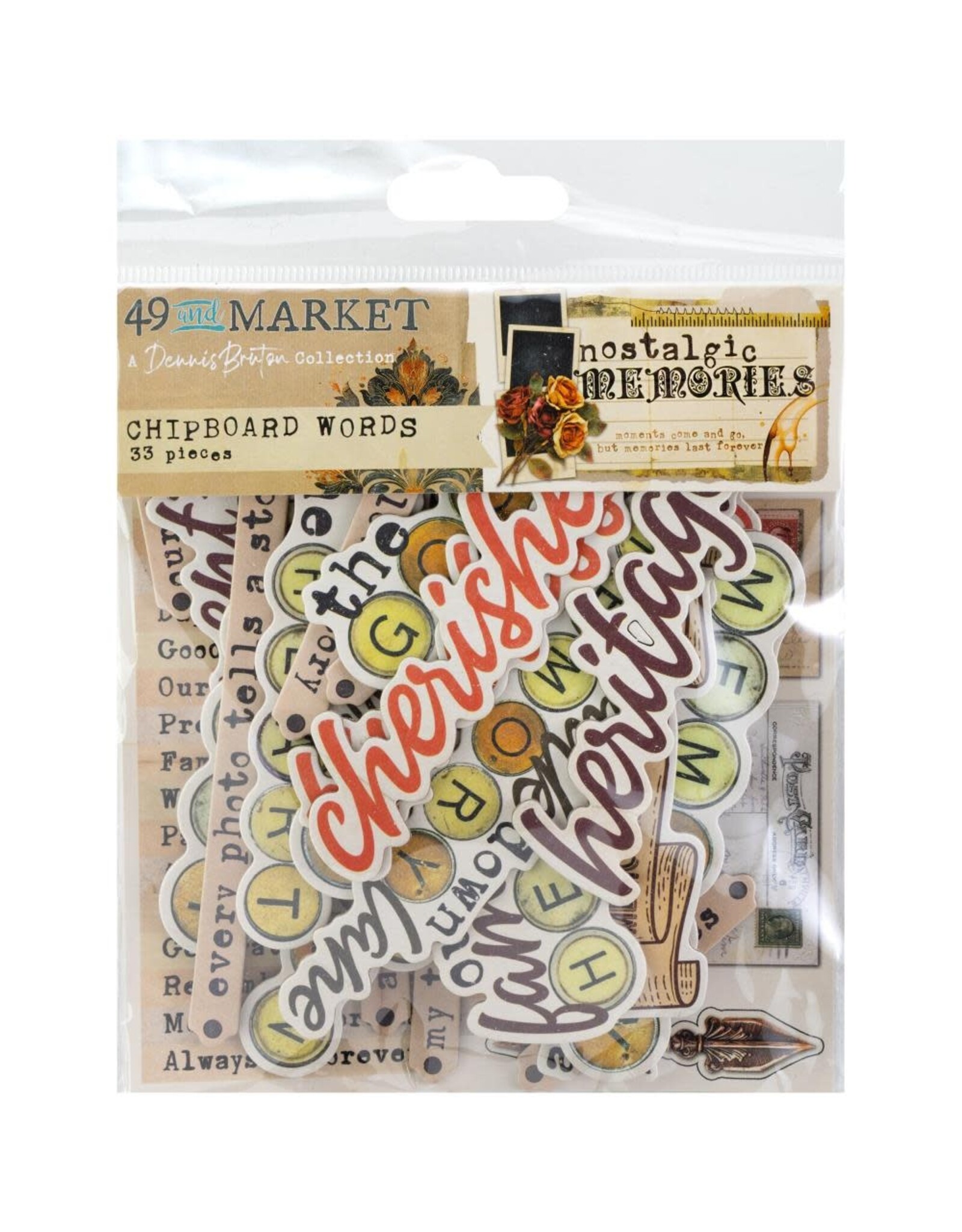49 AND MARKET 49 AND MARKET NOSTALGIC MEMORIES CHIPBOARD SET 33 PIECES