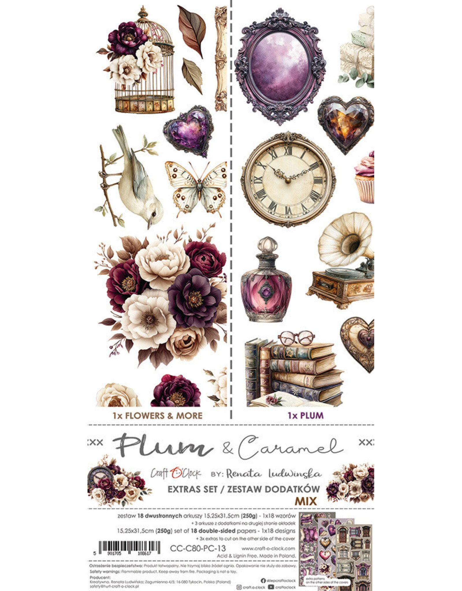 CRAFT O'CLOCK CRAFT O'CLOCK PLUM & CARAMEL EXTRAS SET - MIX 6x12 COLLECTION PACK 18 SHEETS