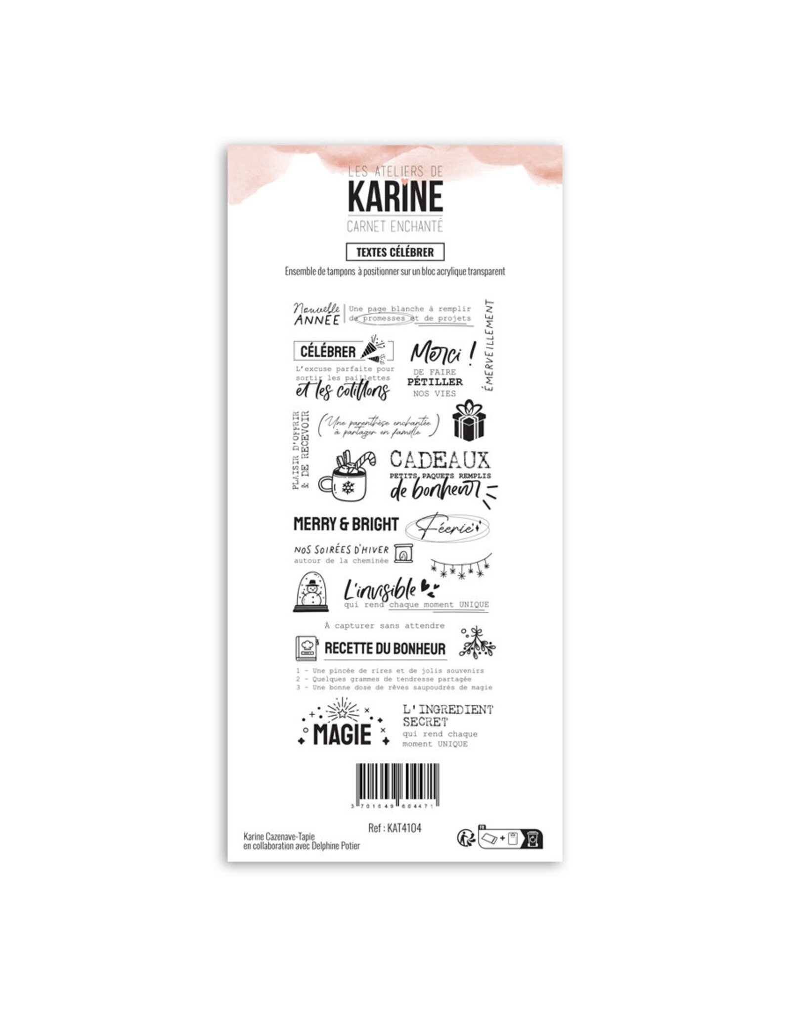 LES ATELIERS DE KARINE LES ATELIERS DE KARINE CARNET ENCHANTÉ TEXTES CÉLÉBRER CLEAR STAMP SET
