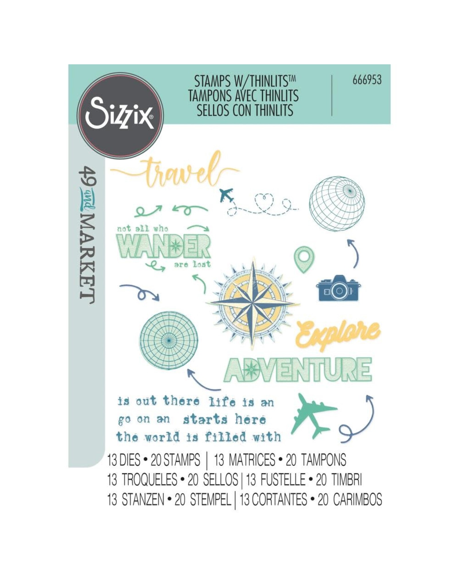 SIZZIX SIZZIX 49 AND MARKET WANDERLUST EXPLORER THINLITS DIE AND CLEAR STAMP SET