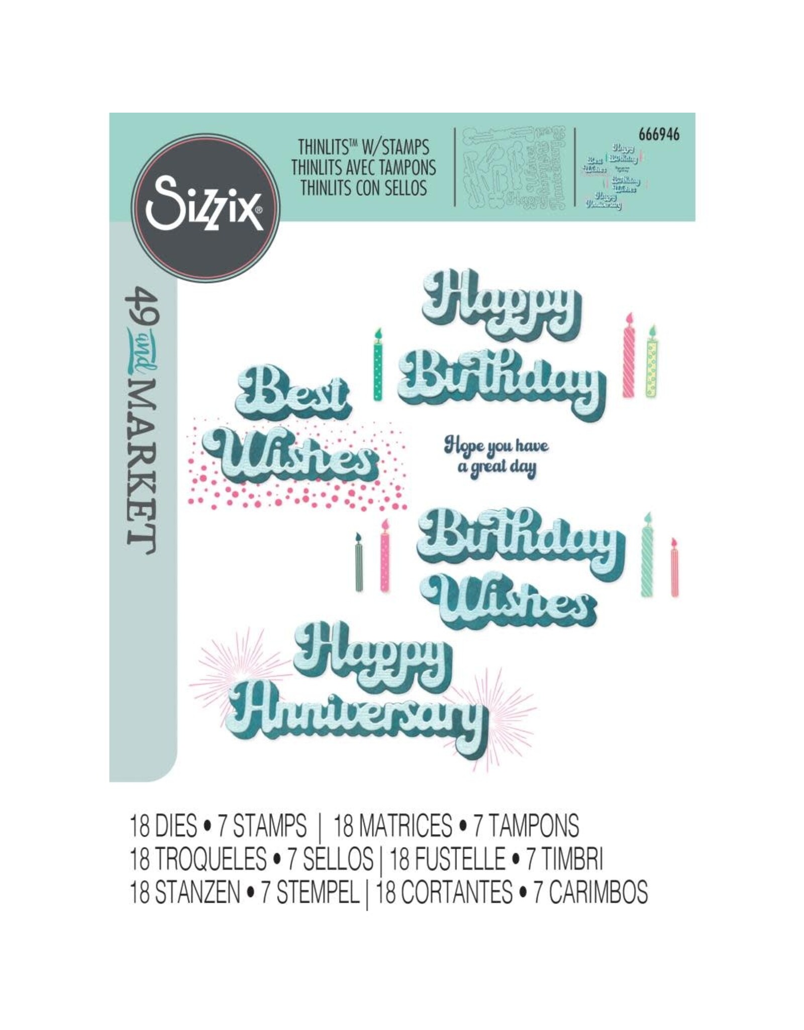 SIZZIX SIZZIX 49 AND MARKET BIRTHDAY WISHES THINLITS DIE AND CLEAR STAMP SET