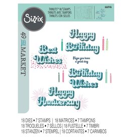 SIZZIX SIZZIX 49 AND MARKET BIRTHDAY WISHES THINLITS DIE AND CLEAR STAMP SET