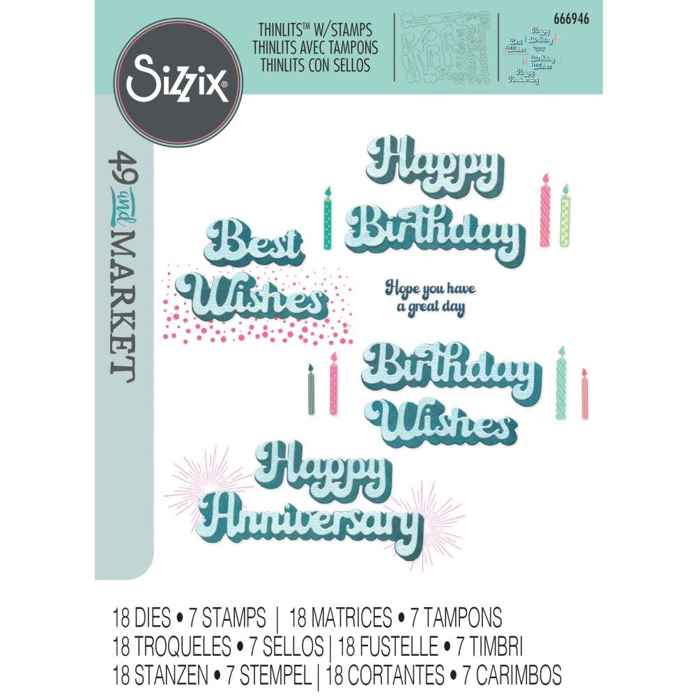 SIZZIX SIZZIX 49 AND MARKET BIRTHDAY WISHES THINLITS DIE AND CLEAR STAMP SET
