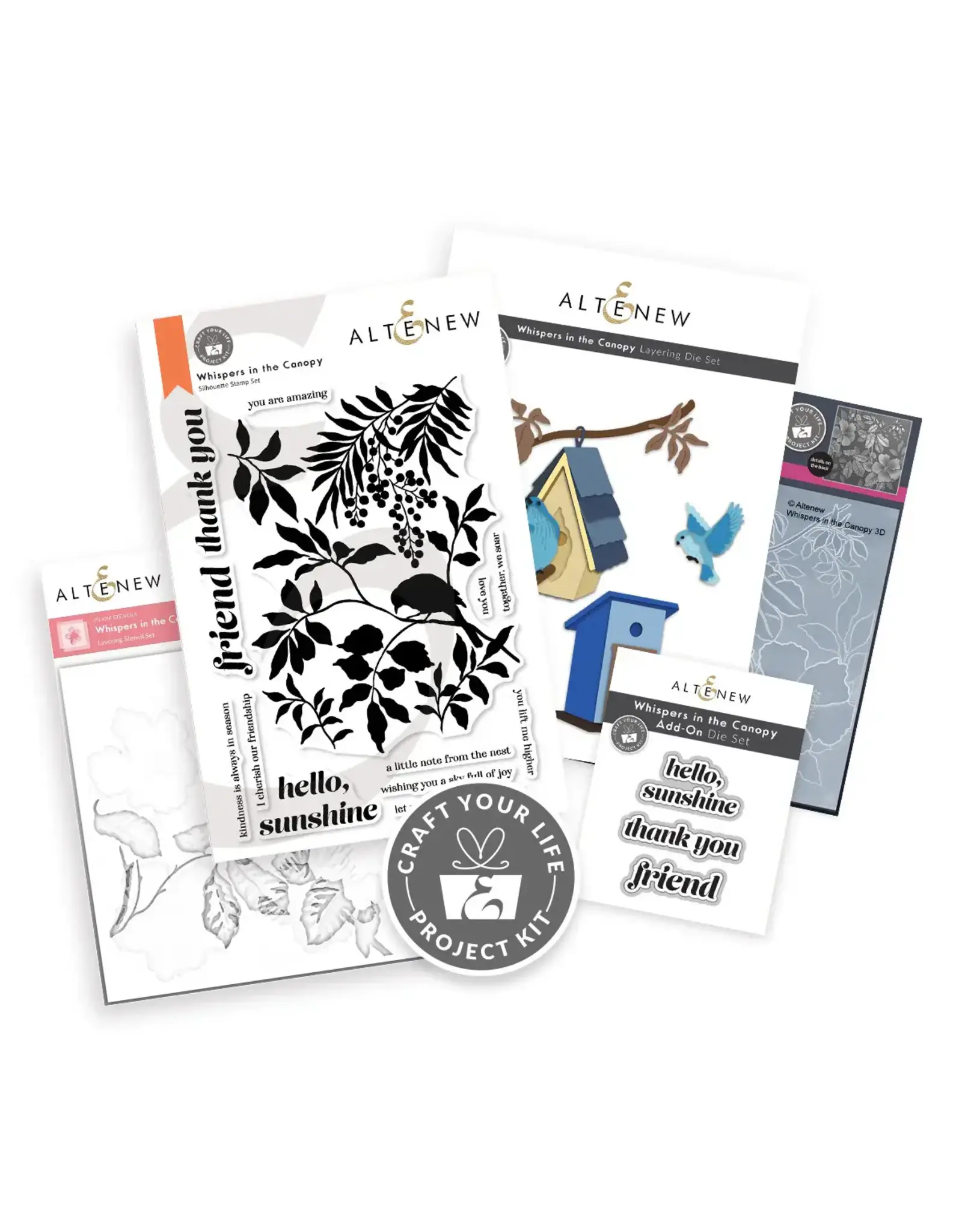 ALTENEW ALTENEW CRAFT YOUR LIFE PROJECT KIT: WHISPERS IN THE CANOPY CLEAR STAMP, STENCIL SET, 3D EMBOSSING FOLDER AND DIE SET + ADD-ON BUNDLE