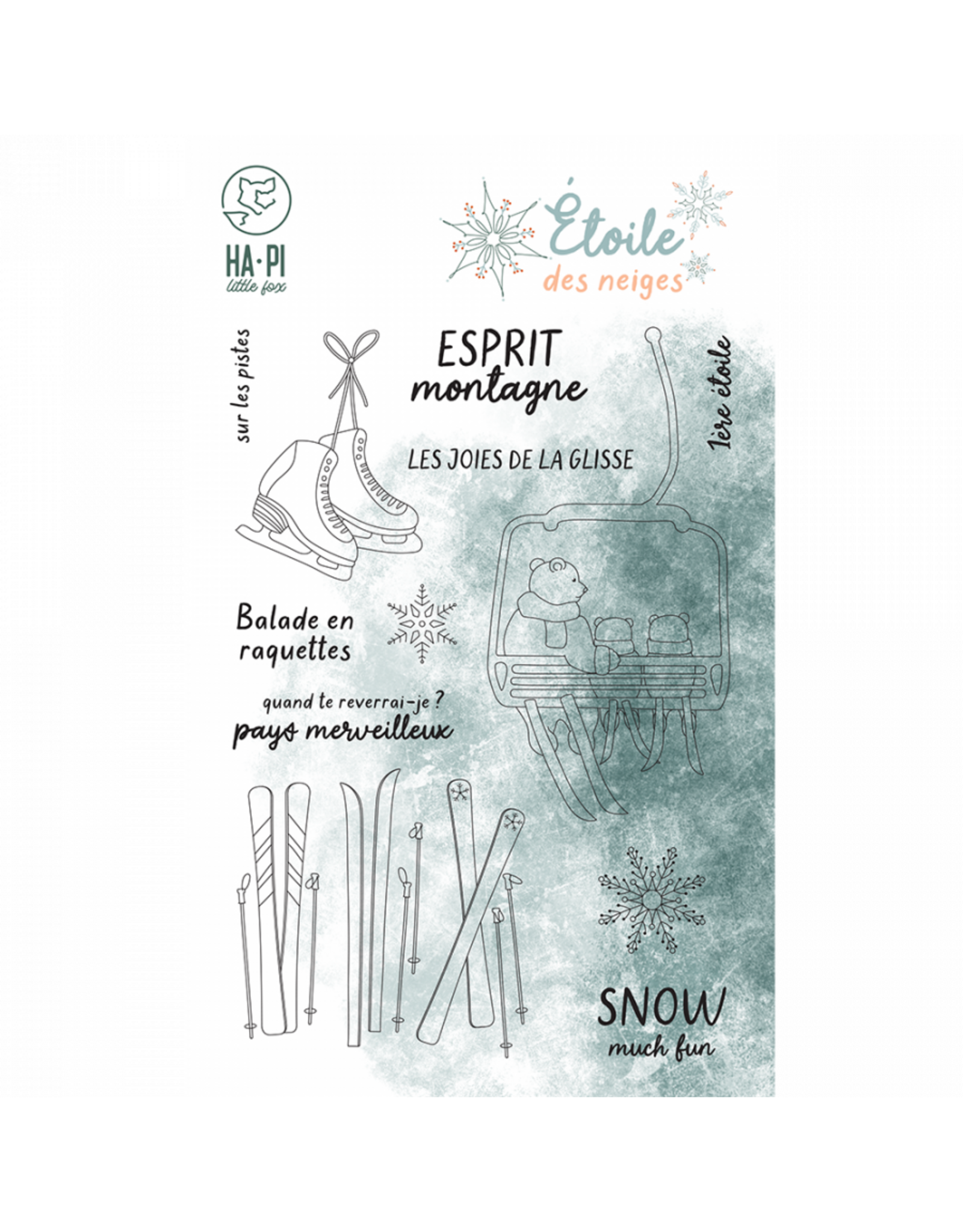 HA-PI LITTLE FOX HA-PI LITTLE FOX COLLECTION ETOILE DES NEIGES ESPRIT MONTAGNE CLEAR STAMP SET