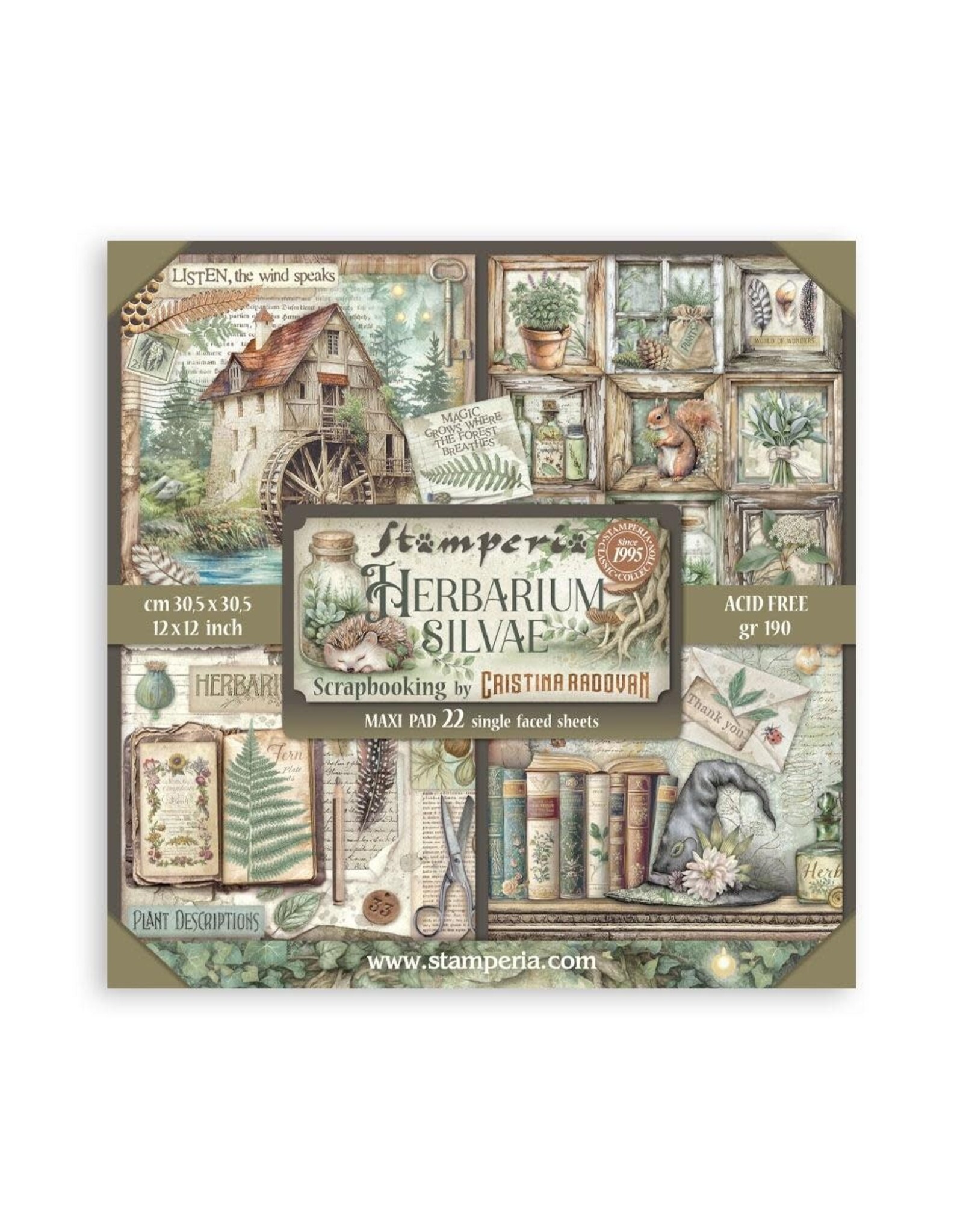 STAMPERIA STAMPERIA HERBARIUM SILVAE MAXI PAD 12x12 PAPER PACK 22 SHEETS