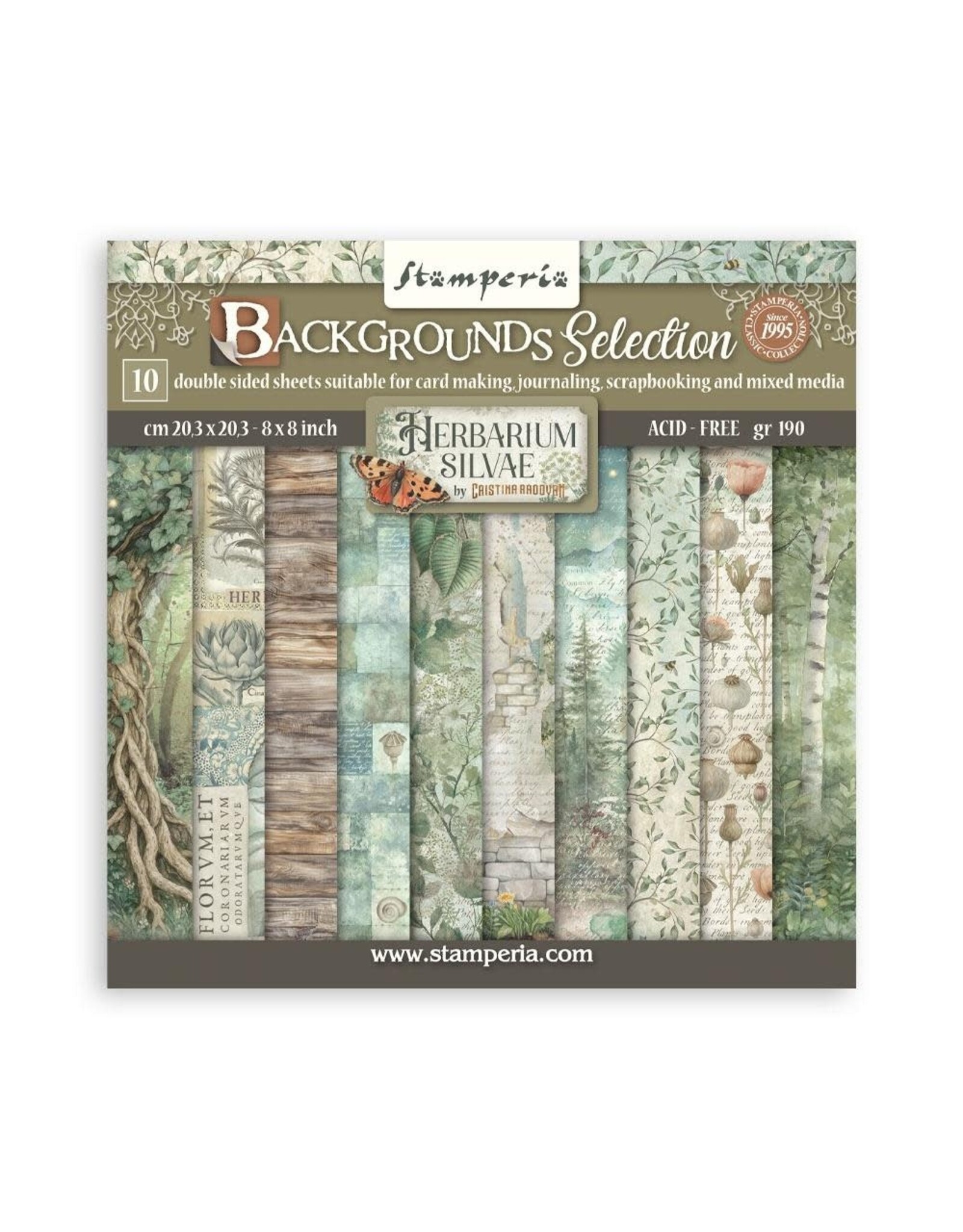 STAMPERIA STAMPERIA HERBARIUM SILVAE BACKGROUNDS SELECTION 8x8 PAPER PACK 10 SHEETS