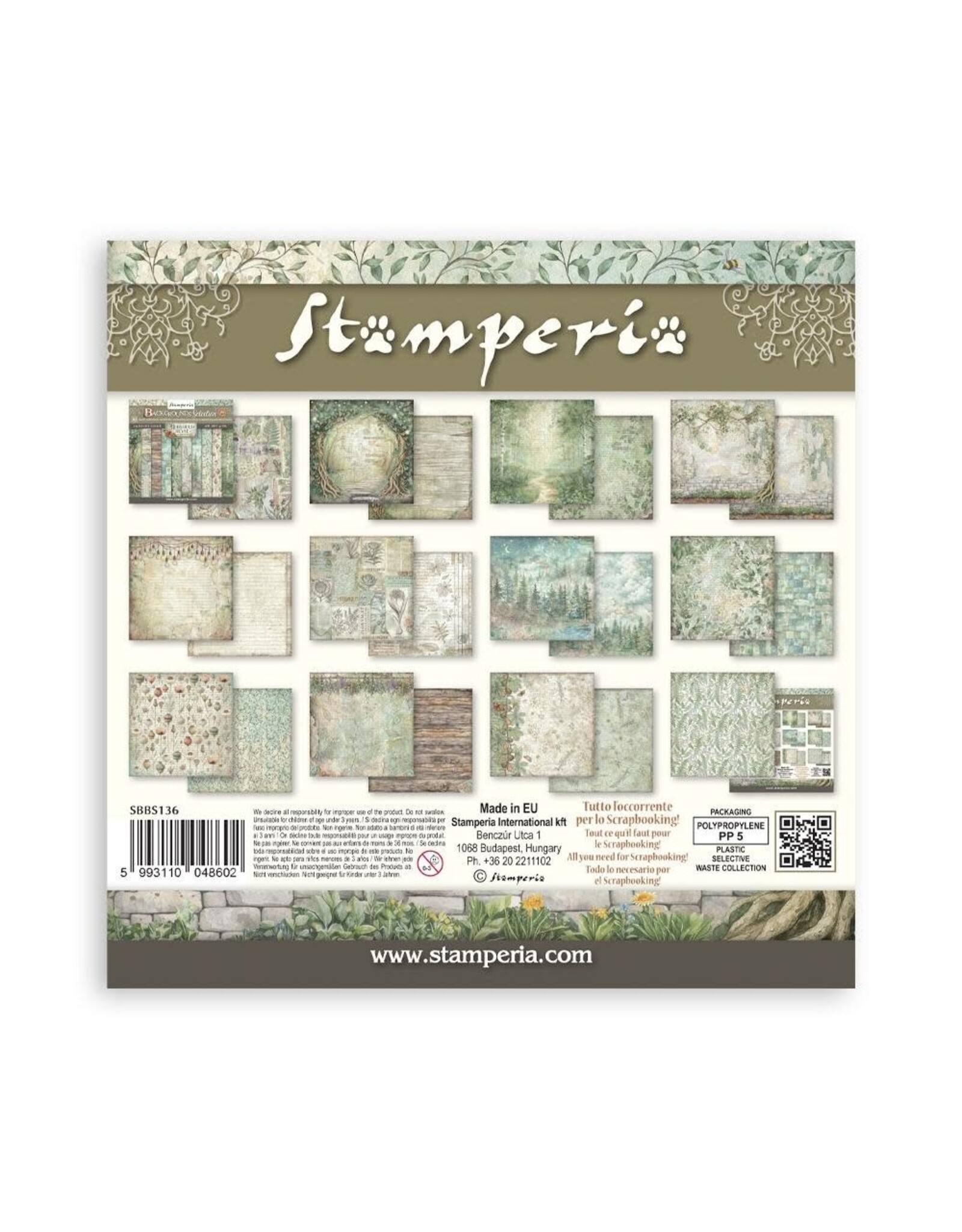 STAMPERIA STAMPERIA HERBARIUM SILVAE BACKGROUNDS SELECTION 8x8 PAPER PACK 10 SHEETS