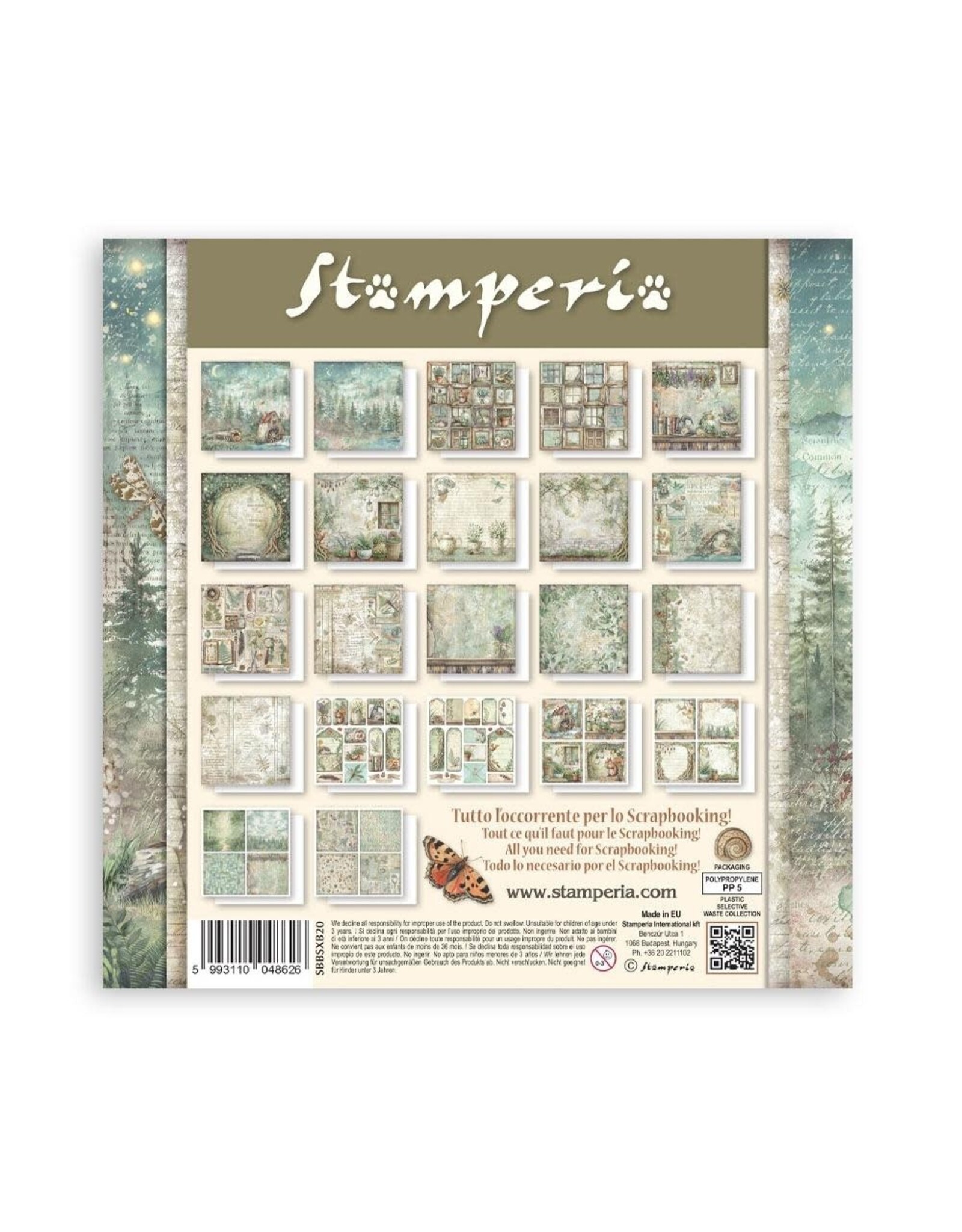 STAMPERIA STAMPERIA HERBARIUM SILVAE MAXI PAD 8x8 PAPER PACK 22 SINGLE FACED SHEETS