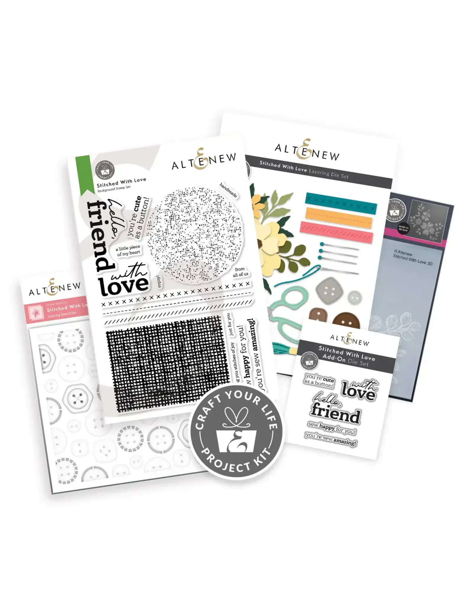 ALTENEW ALTENEW CRAFT YOUR LIFE PROJECT KIT: STITCHED WITH LOVE ADD-ON CLEAR STAMP, STENCIL SET, 3D EMBOSSING FOLDER AND DIE SET BUNDLE