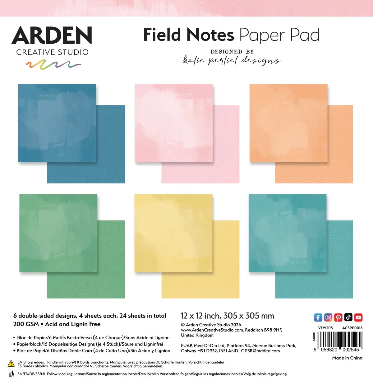 ARDEN CREATIVE STUDIO ARDEN CREATIVE STUDIO FIELD NOTES SOLIDS 12x12 PAPER PAD 24 SHEETS