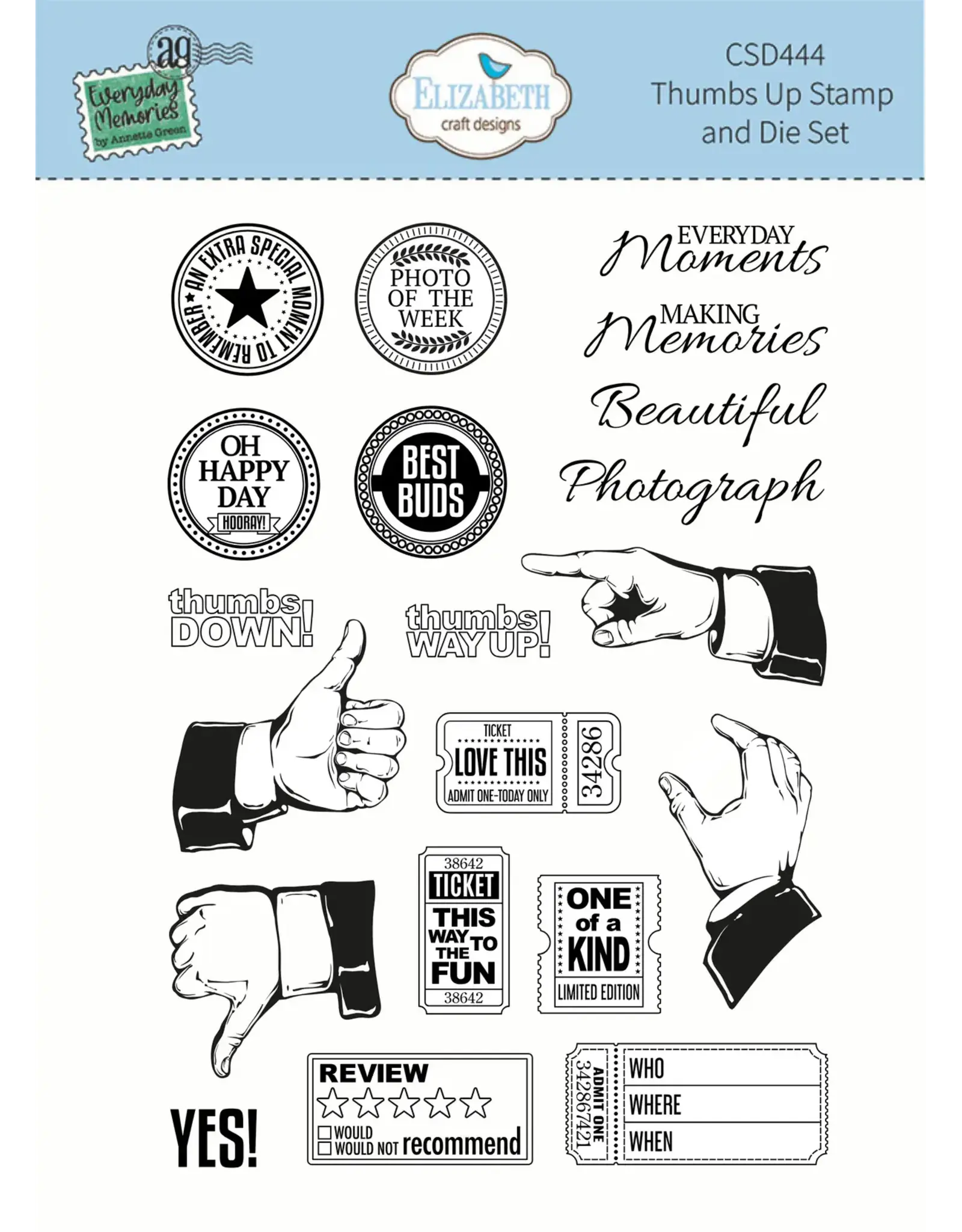 ELIZABETH CRAFT DESIGNS ELIZABETH CRAFT DESIGNS EVERYDAY MEMORIES DELIGHTFUL DISCOVERY THUMBS UP CLEAR STAMP & DIE SET