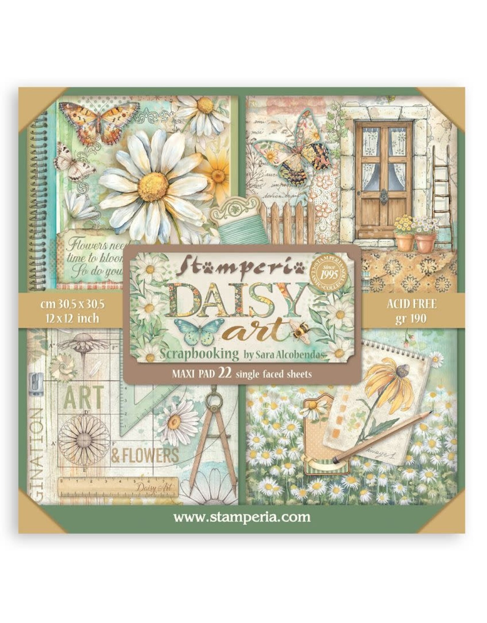 STAMPERIA STAMPERIA DAISY ART MAXI PAD 12x12 PAPER PACK 22 SHEETS