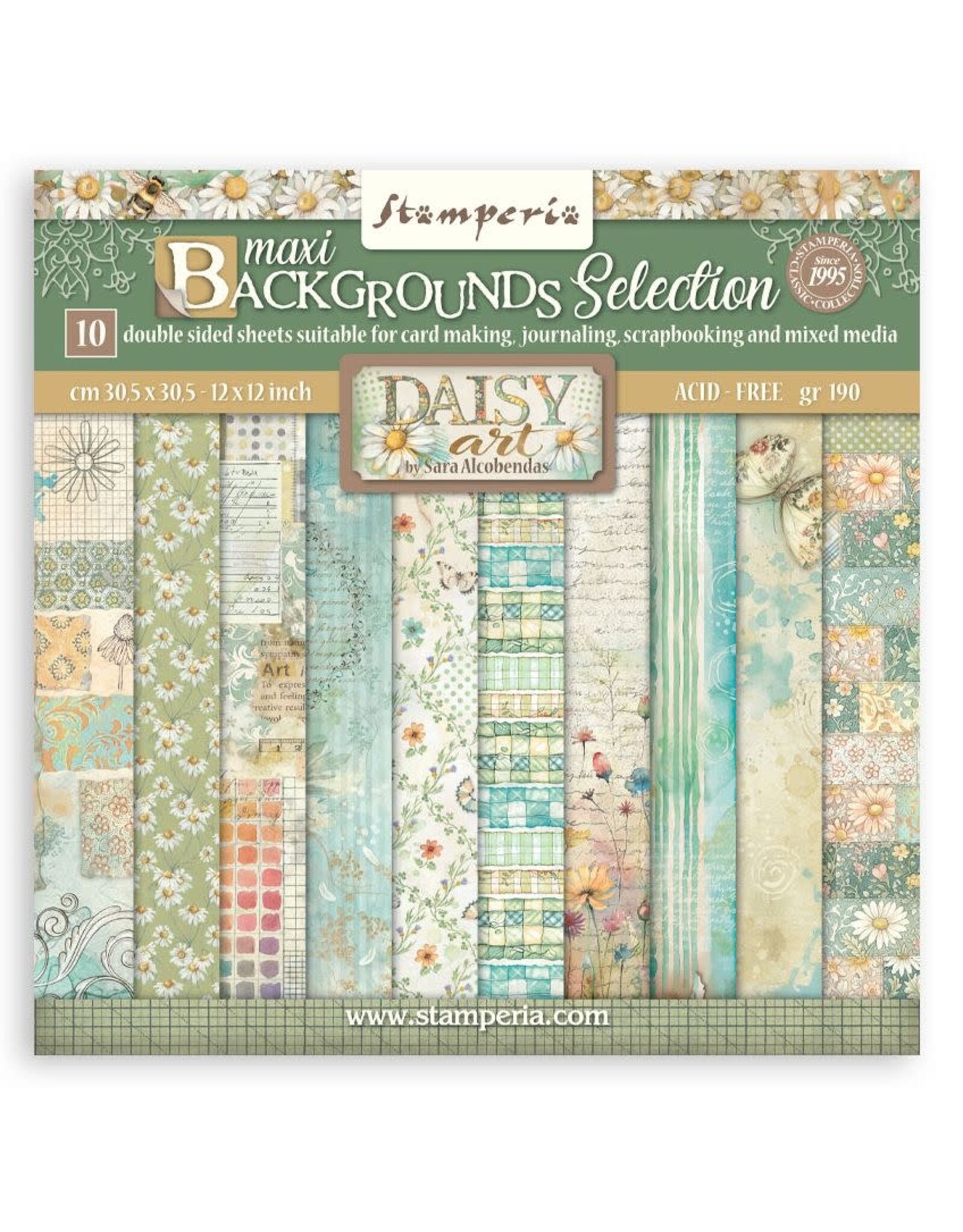 STAMPERIA STAMPERIA DAISY ART BACKGROUNDS SELECTION 12x12 PAPER PACK 10 SHEETS