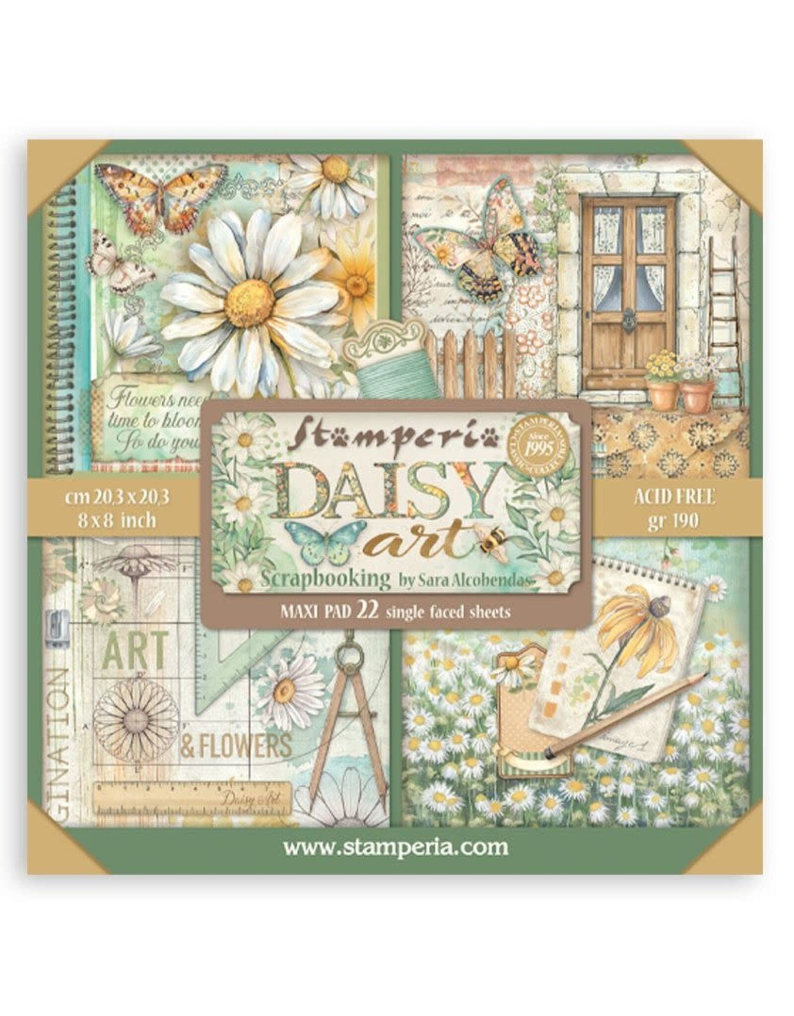 STAMPERIA STAMPERIA DAISY ART MAXI PAD 8x8 PAPER PACK 22 SINGLE FACED SHEETS