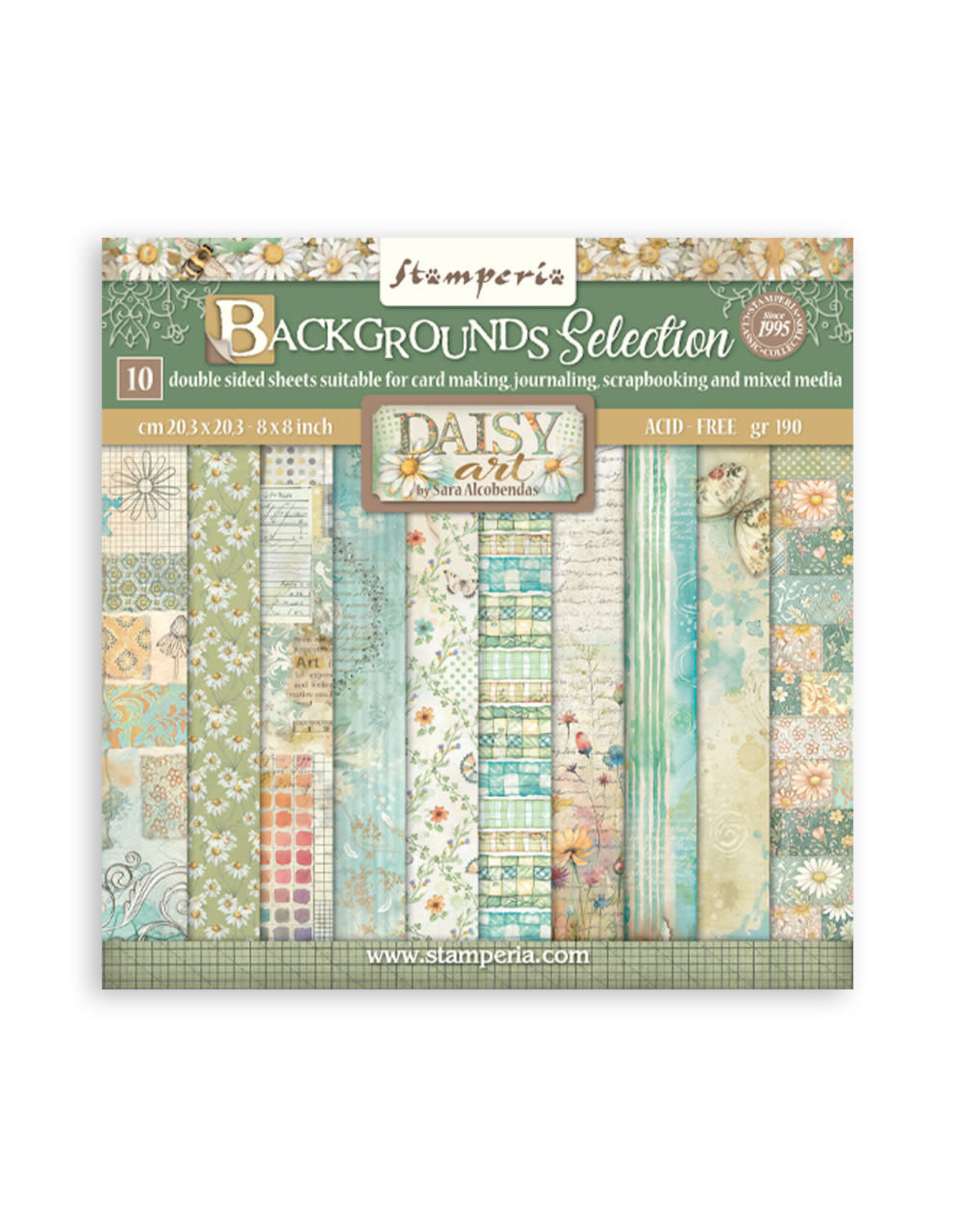 STAMPERIA STAMPERIA DAISY ART BACKGROUNDS SELECTION 8x8 PAPER PACK 10 SHEETS