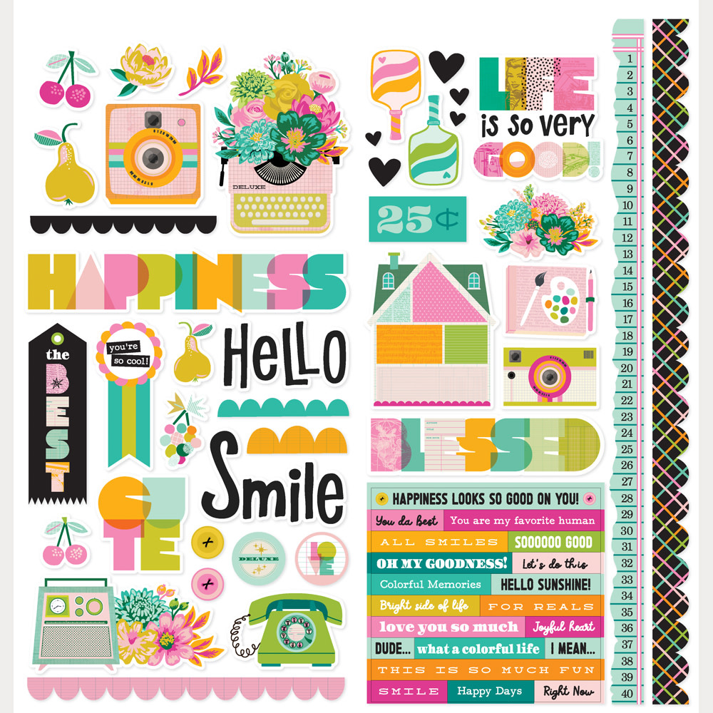SIMPLE STORIES SIMPLE STORIES COLOR ME HAPPY 12x12 CARDSTOCK STICKERS ICONS