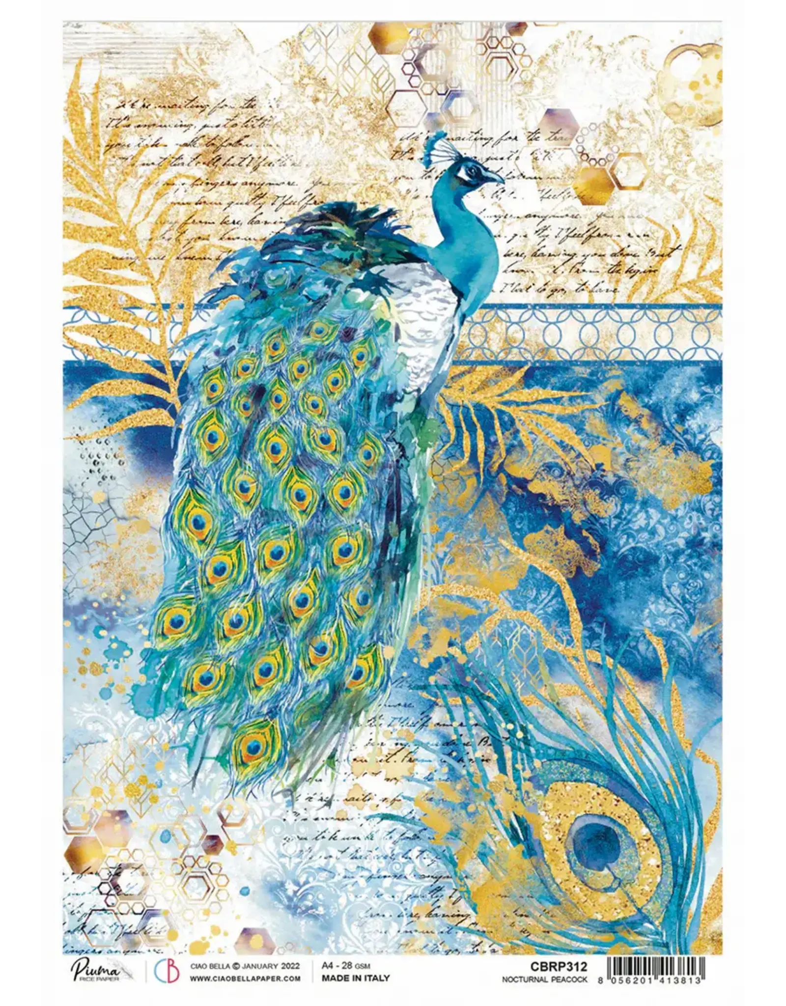 CIAO BELLA CIAO BELLA PIUMA NOCTURNAL PEACOCK A4 RICE PAPER 5 SHEETS