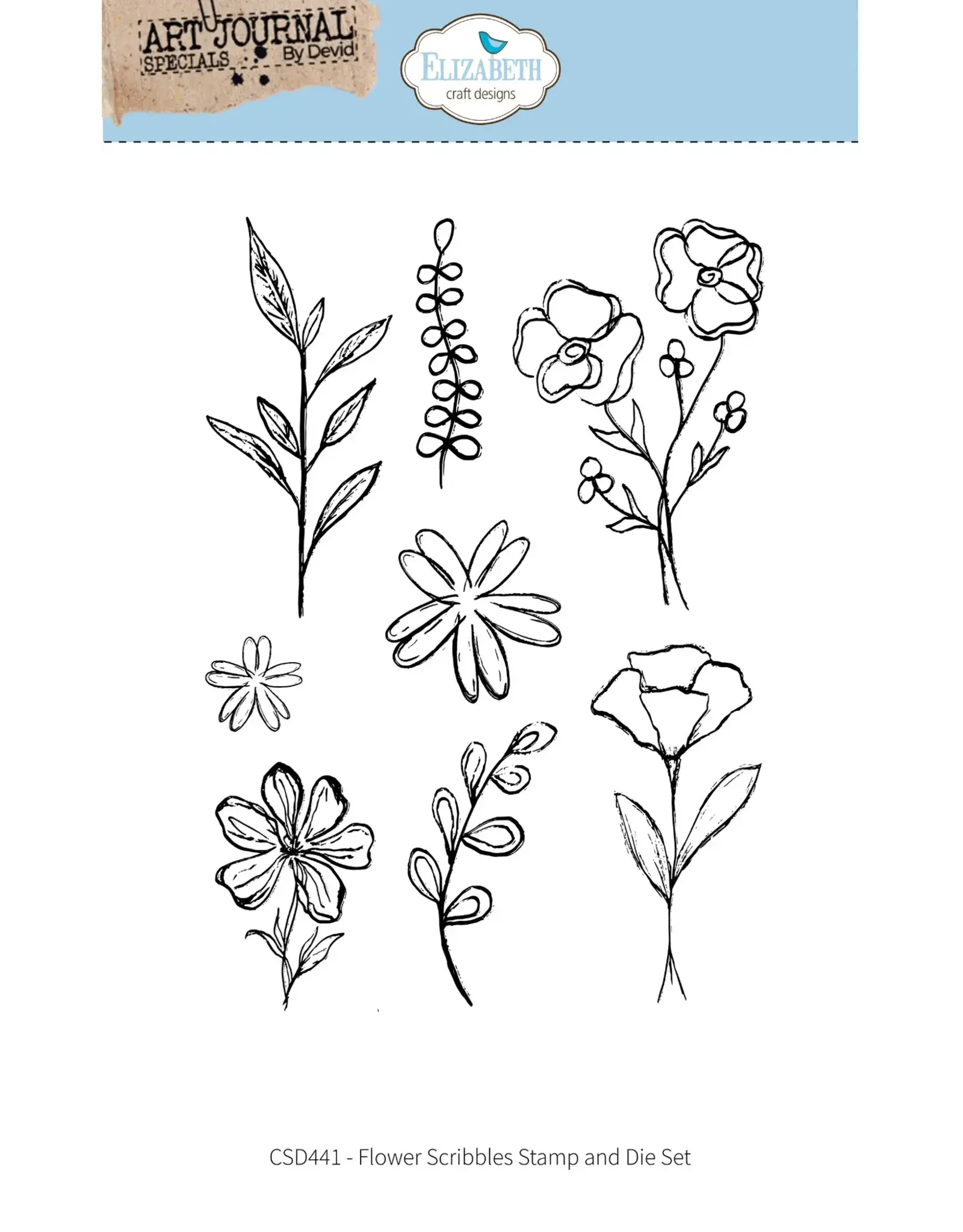 ELIZABETH CRAFT DESIGNS ELIZABETH CRAFT DESIGNS ART JOURNAL SPECIALS BY DEVID FLOWER SCRIBBLES CLEAR STAMP & DIE SET