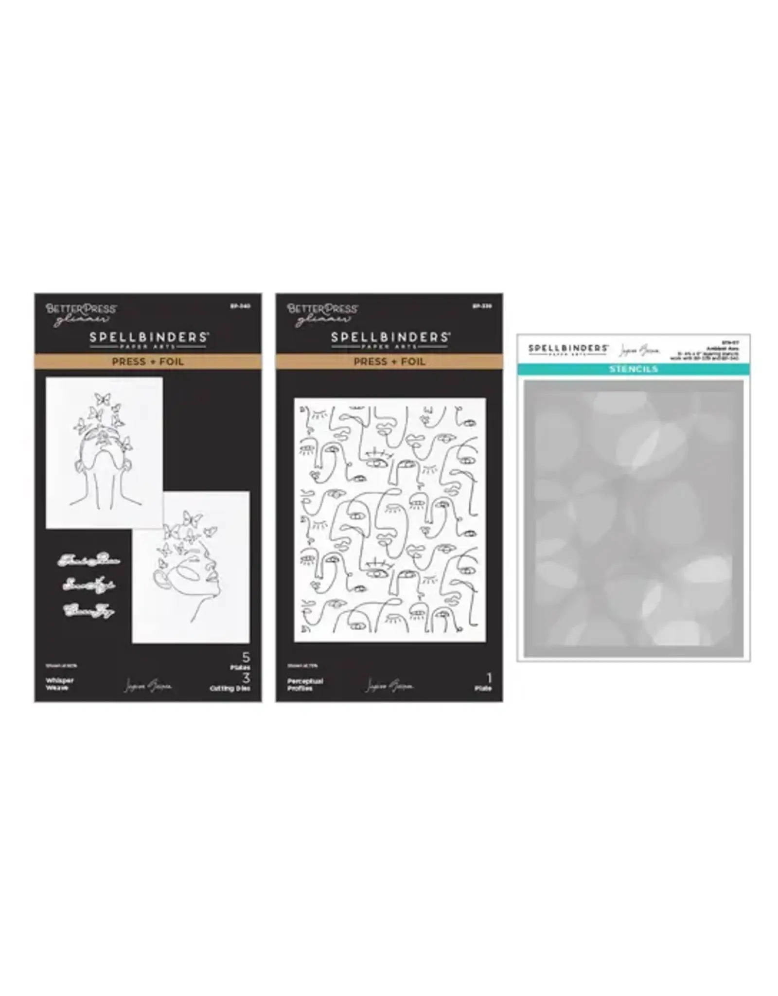 SPELLBINDERS SPELLBINDERS BETTERPRESS JAYCEE GASPAR ALL MY SENSES FACES PRESS/FOIL PLATES AND STENCIL BUNDLE