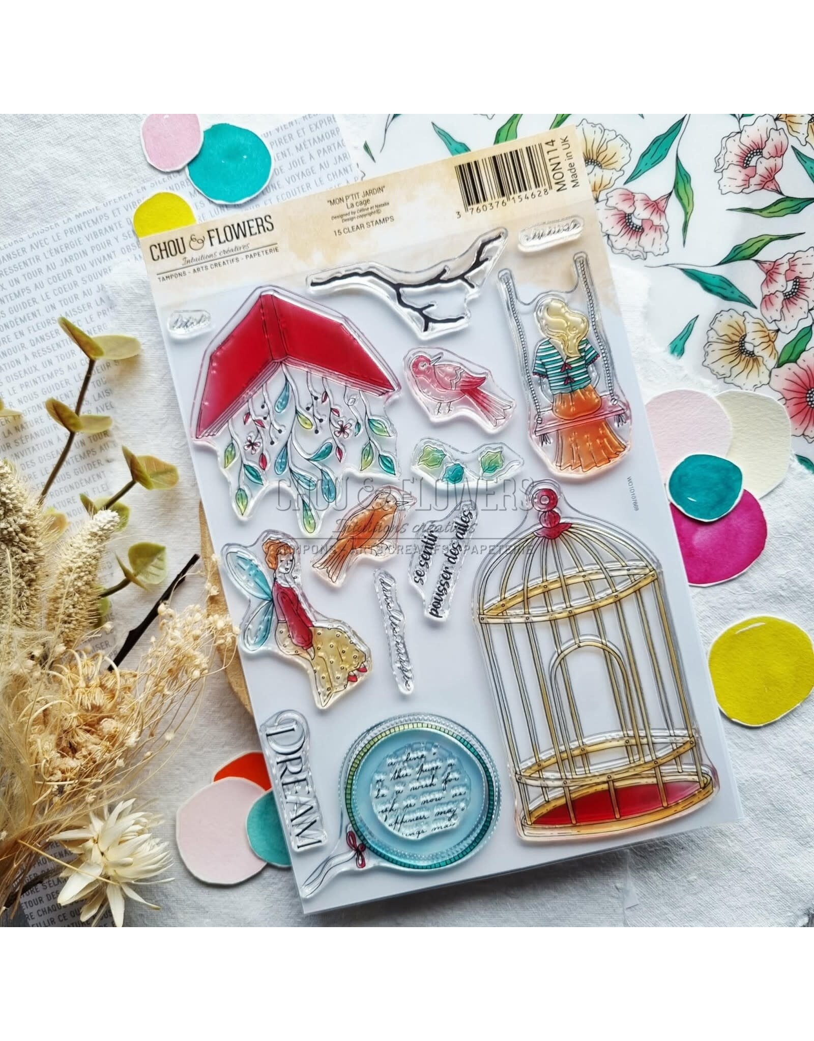CHOU & FLOWERS CHOU & FLOWERS COLLECTION MON P'TIT JARDIN LA CAGE A5 CLEAR STAMP SET