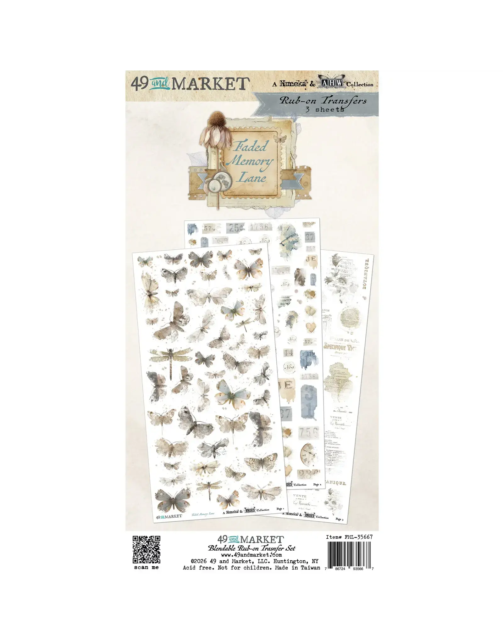 49 AND MARKET 49 AND MARKET FADED MEMORY LANE 6x12 RUB-ON TRANSFER SET 3/PK