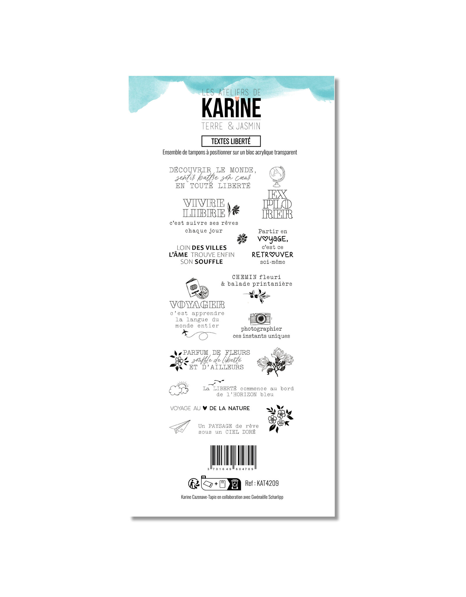 LES ATELIERS DE KARINE LES ATELIERS DE KARINE TERRE & JASMIN TEXTES LIBERTÉ CLEAR STAMP SET
