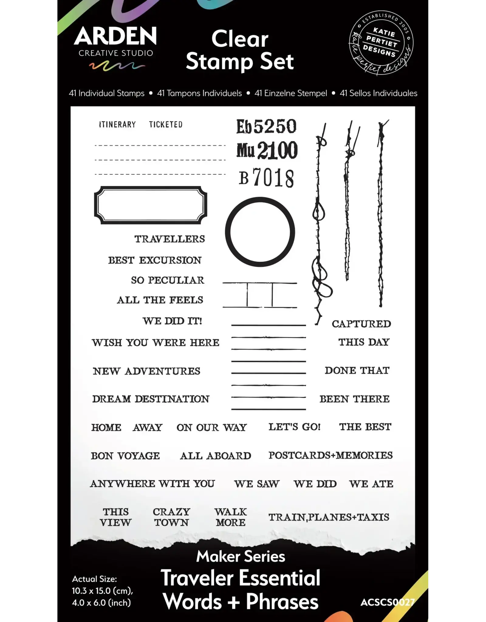 ARDEN CREATIVE STUDIO ARDEN CREATIVE STUDIO MAKER SERIES TRAVELER ESSENTIAL WORDS+PHRASES 4x6 CLEAR STAMP SET