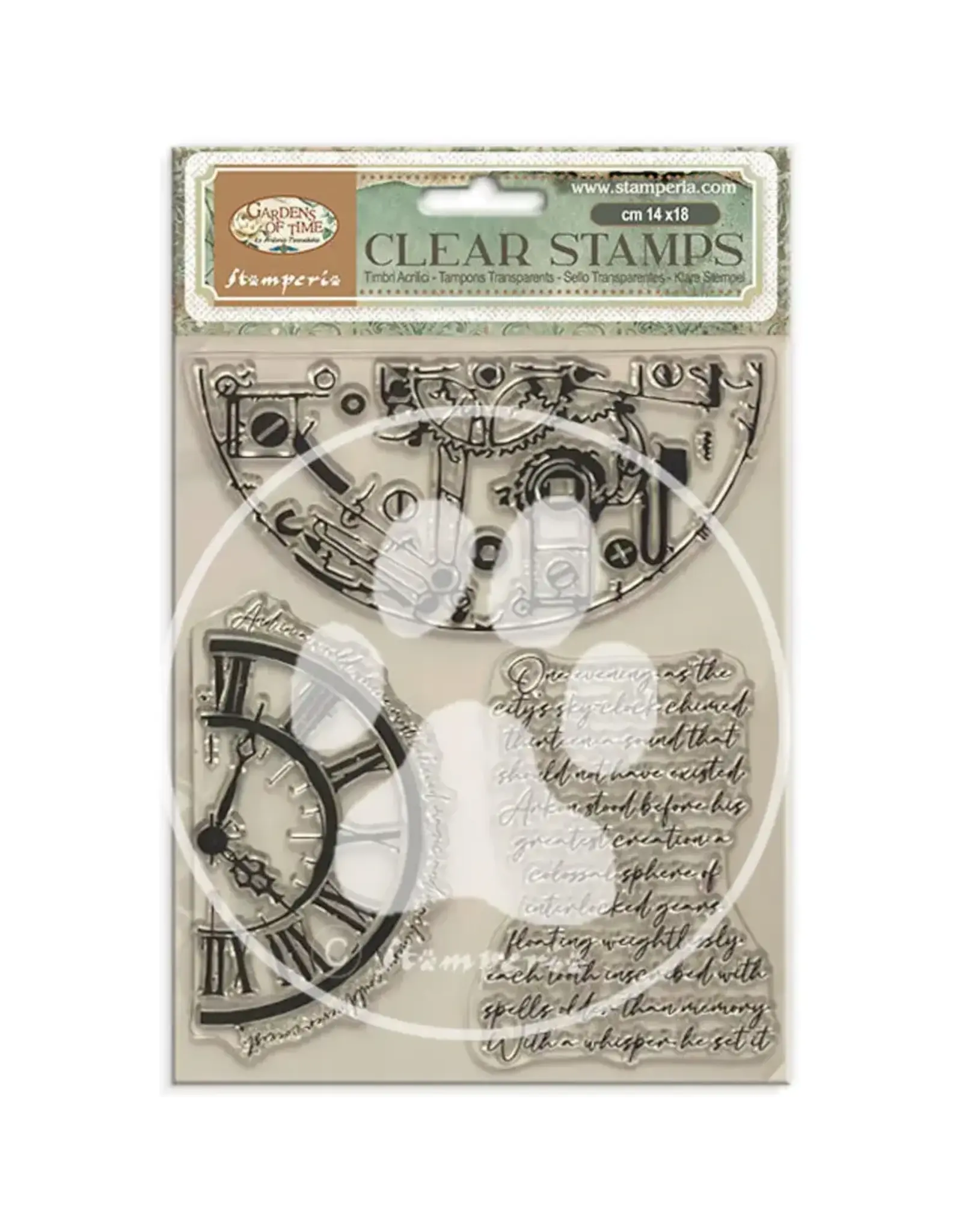 STAMPERIA STAMPERIA GARDENS OF TIME HALF CLOCKS AND WRITINGS CLEAR STAMP SET