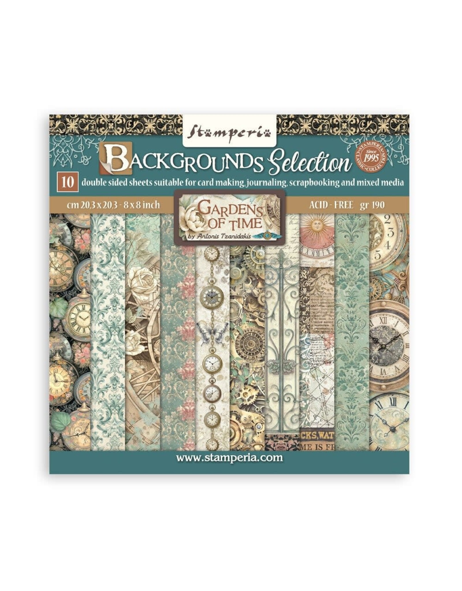 STAMPERIA STAMPERIA GARDENS OF TIME BACKGROUNDS SELECTION 8x8 PAPER PACK 10 SHEETS
