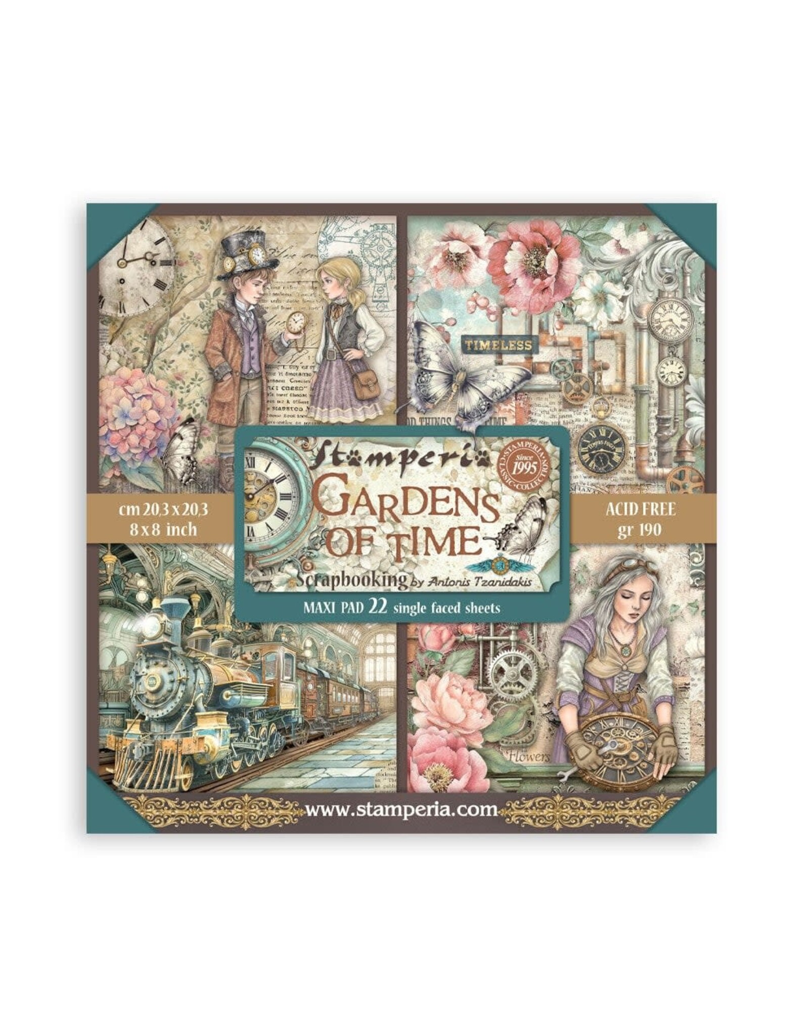 STAMPERIA STAMPERIA GARDENS OF TIME MAXI PAD 8x8 PAPER PACK 22 SINGLE FACED SHEETS