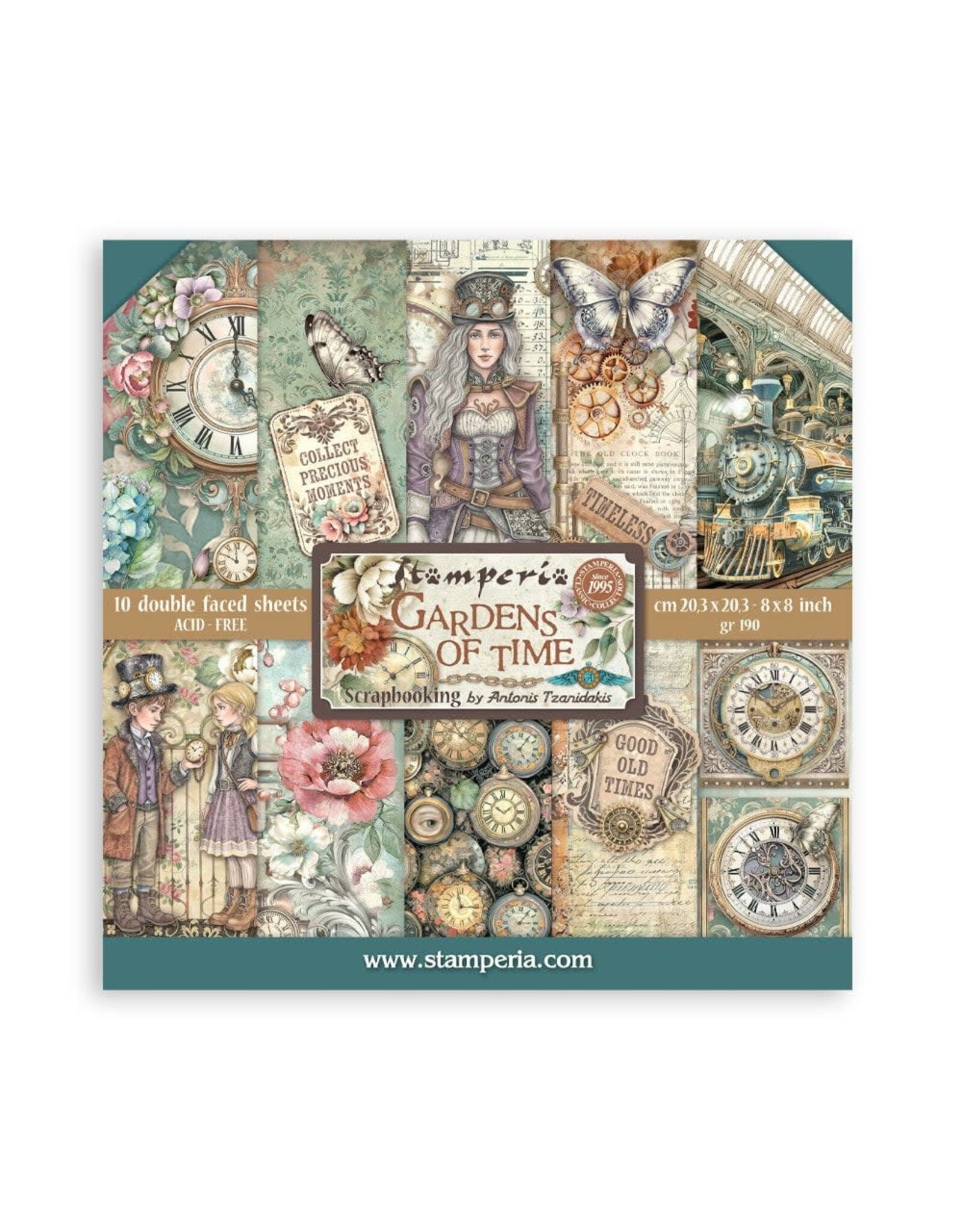 STAMPERIA STAMPERIA GARDENS OF TIME 8x8 PAPER PACK 10 SHEETS