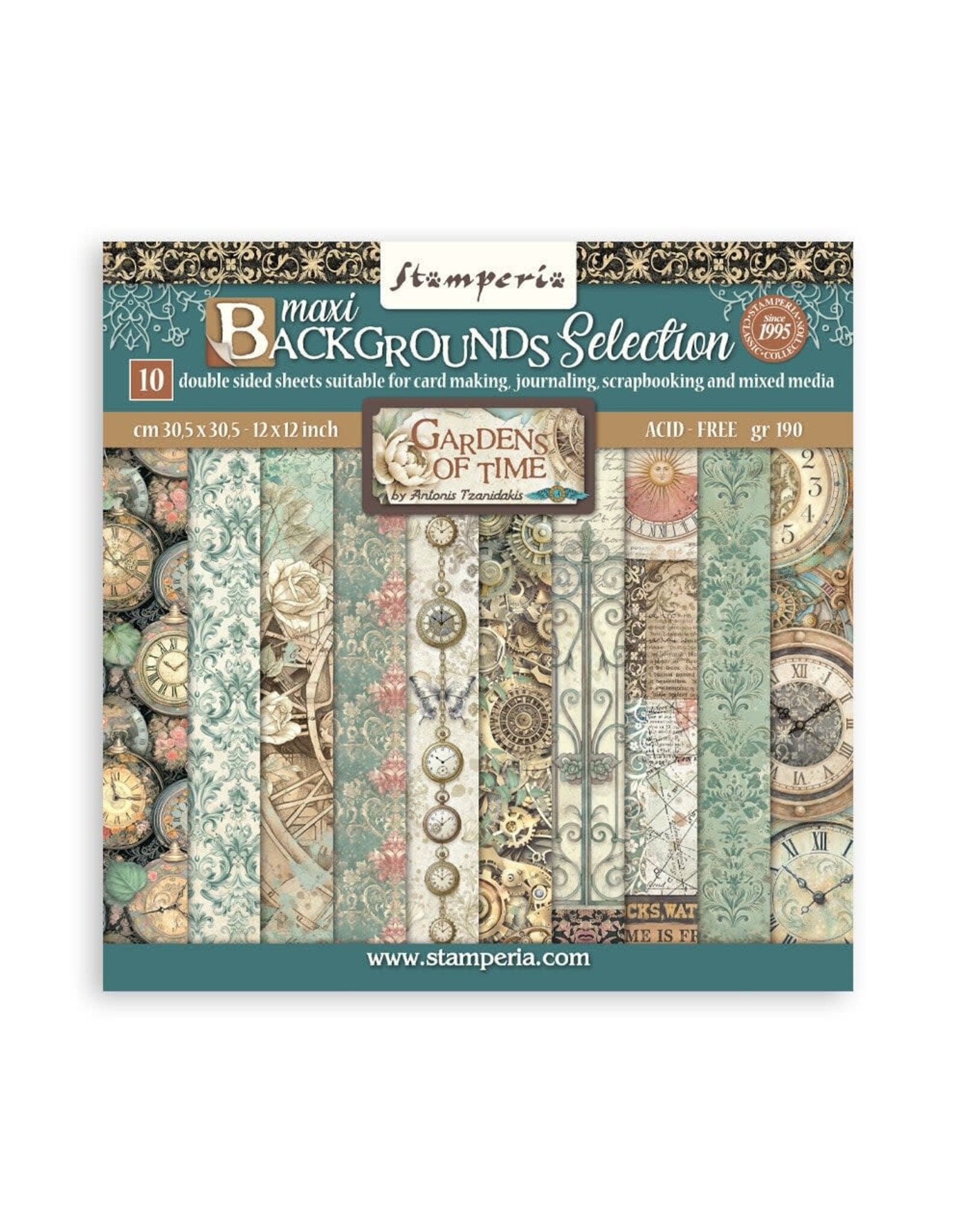STAMPERIA STAMPERIA GARDENS OF TIME BACKGROUNDS SELECTION 12x12 PAPER PACK 10 SHEETS