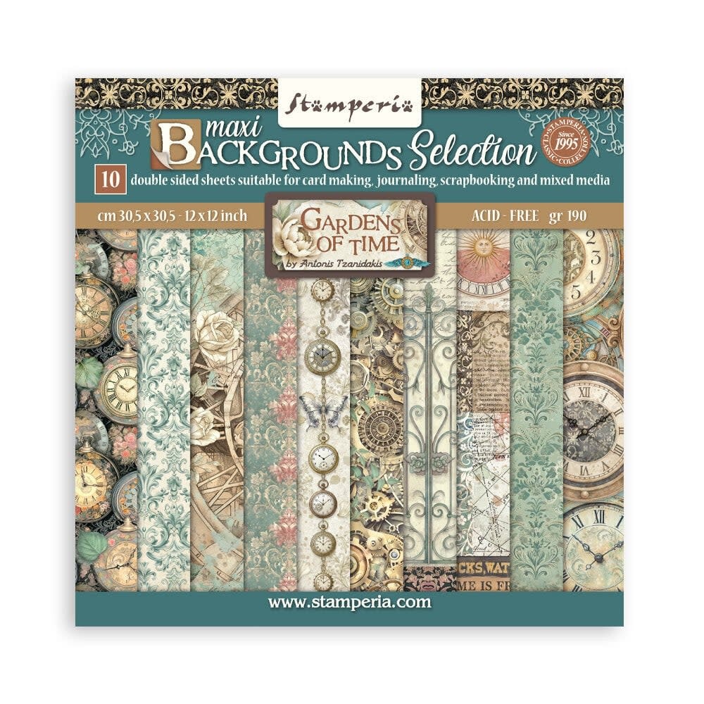 STAMPERIA STAMPERIA GARDENS OF TIME BACKGROUNDS SELECTION 12x12 PAPER PACK 10 SHEETS