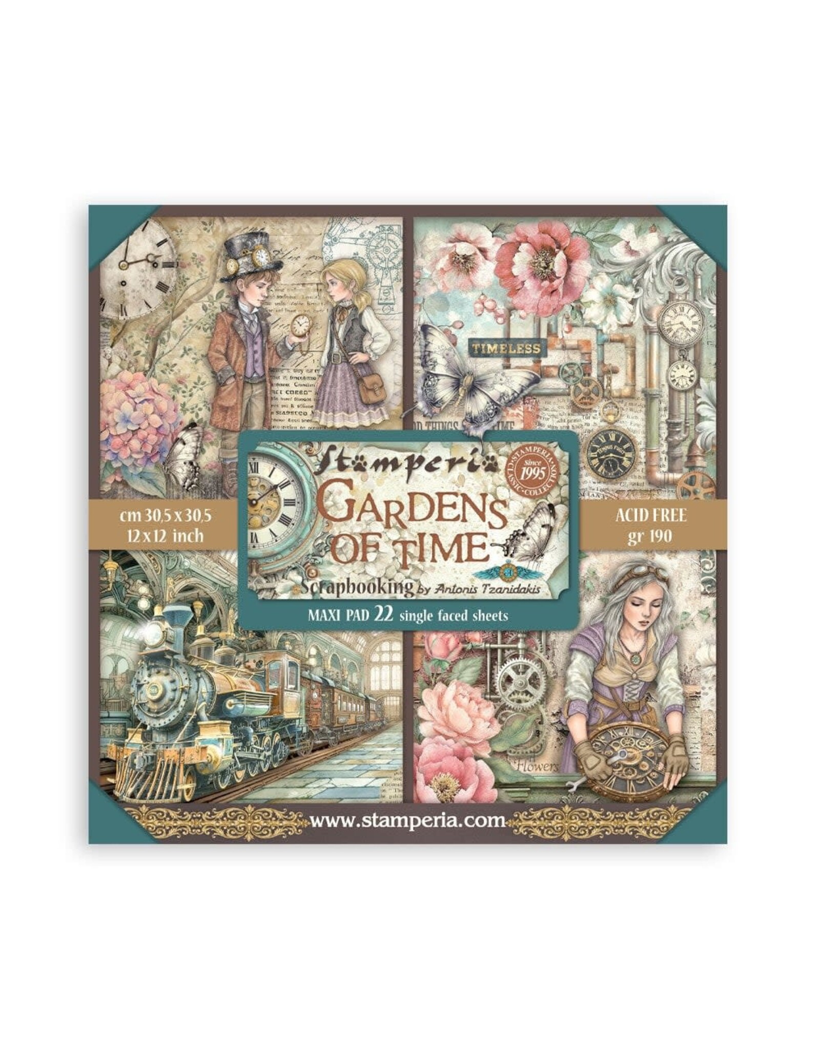 STAMPERIA STAMPERIA GARDENS OF TIME MAXI PAD 12x12 PAPER PACK 22 SHEETS