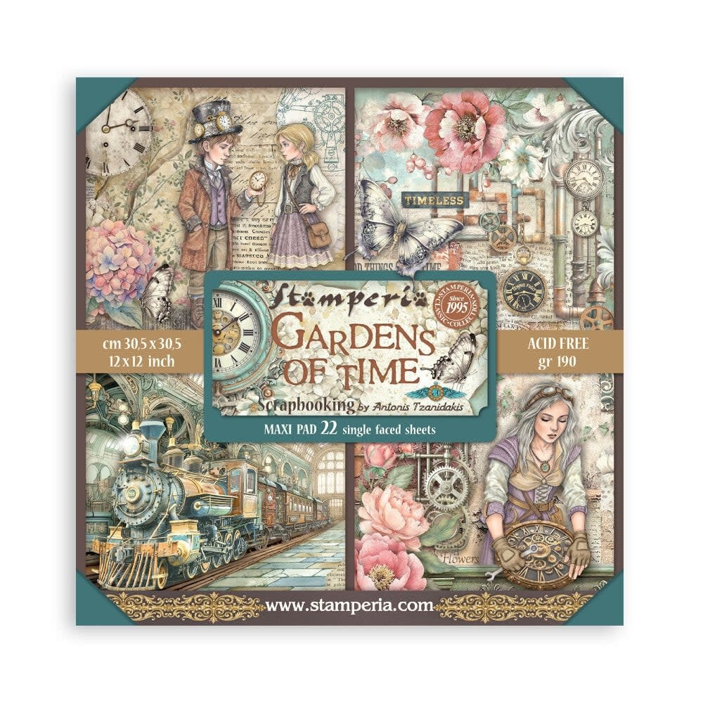 STAMPERIA STAMPERIA GARDENS OF TIME MAXI PAD 12x12 PAPER PACK 22 SHEETS