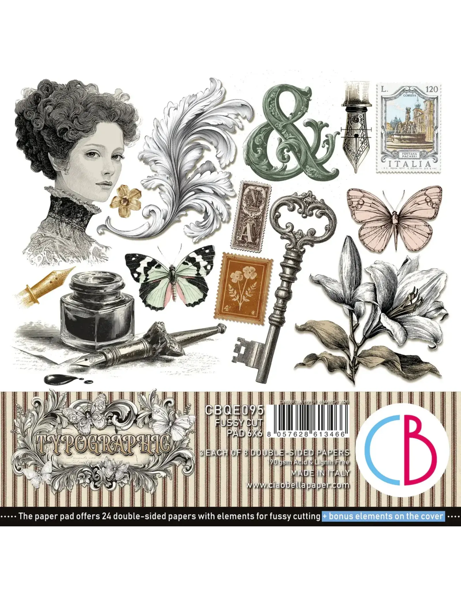 CIAO BELLA CIAO BELLA TYPOGRAPHIC 6x6 FUSSY CUT PAPER PAD 24 SHEETS