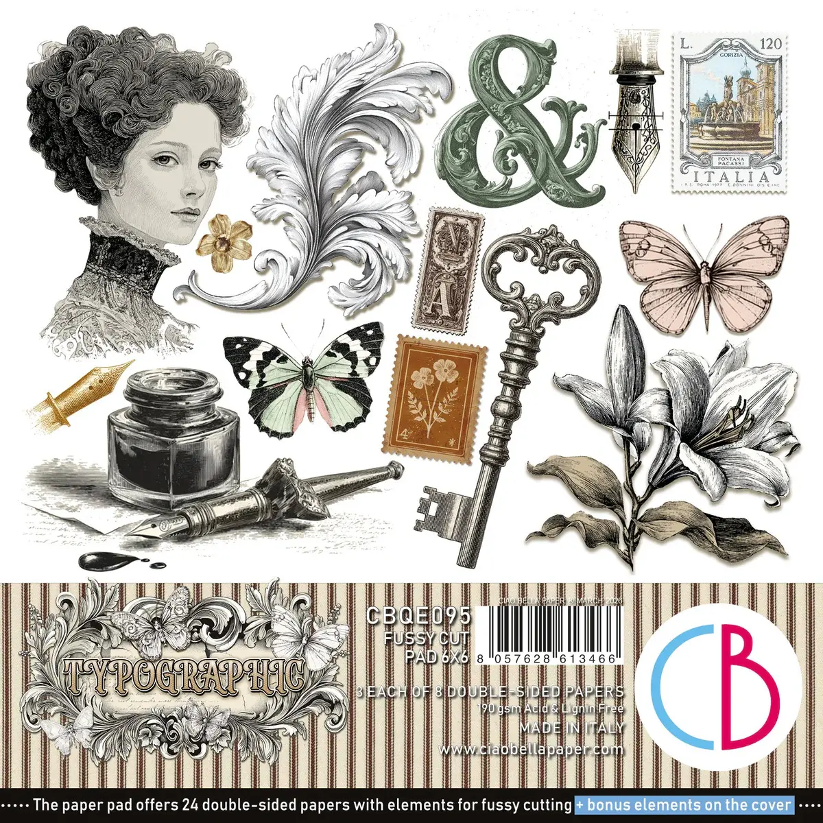 CIAO BELLA CIAO BELLA TYPOGRAPHIC 6x6 FUSSY CUT PAPER PAD 24 SHEETS