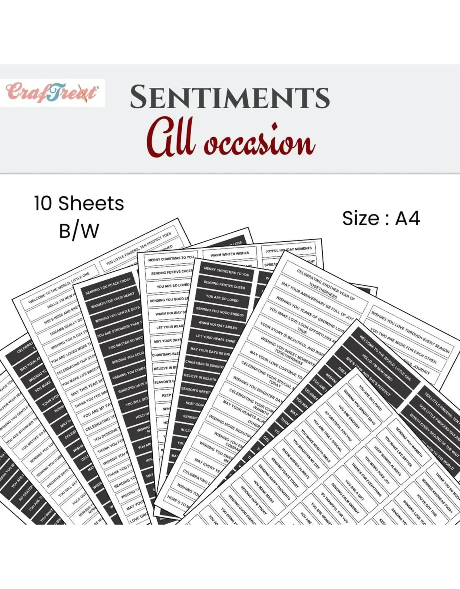 CRAFTREAT CRAFTREAT ALL OCCASIONS A4 SENTIMENTS SHEETS 10/PK