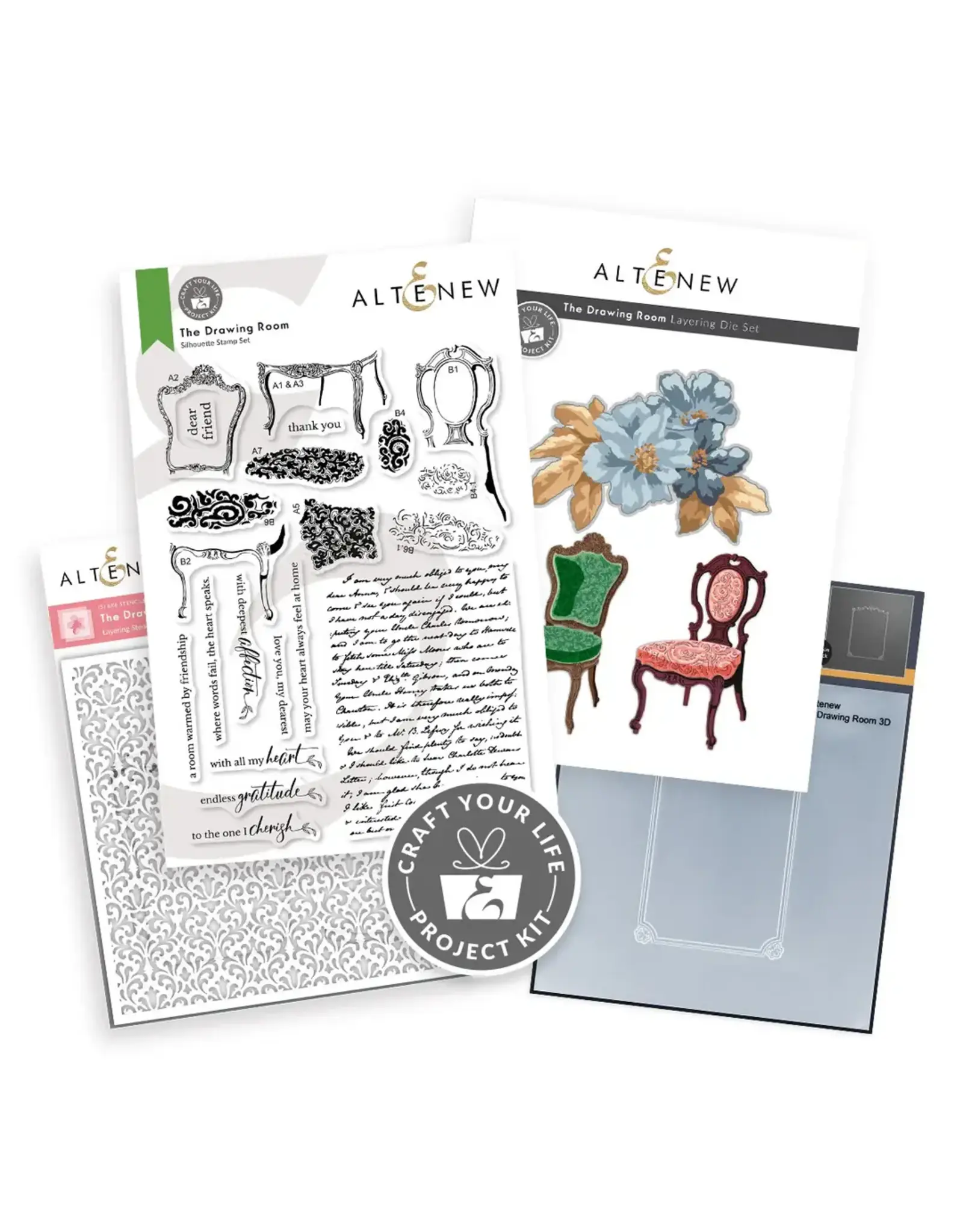 ALTENEW ALTENEW CRAFT YOUR LIFE PROJECT KIT: THE DRAWING ROOM CLEAR STAMP, STENCIL SET, 3D EMBOSSING FOLDER AND DIE SET BUNDLE