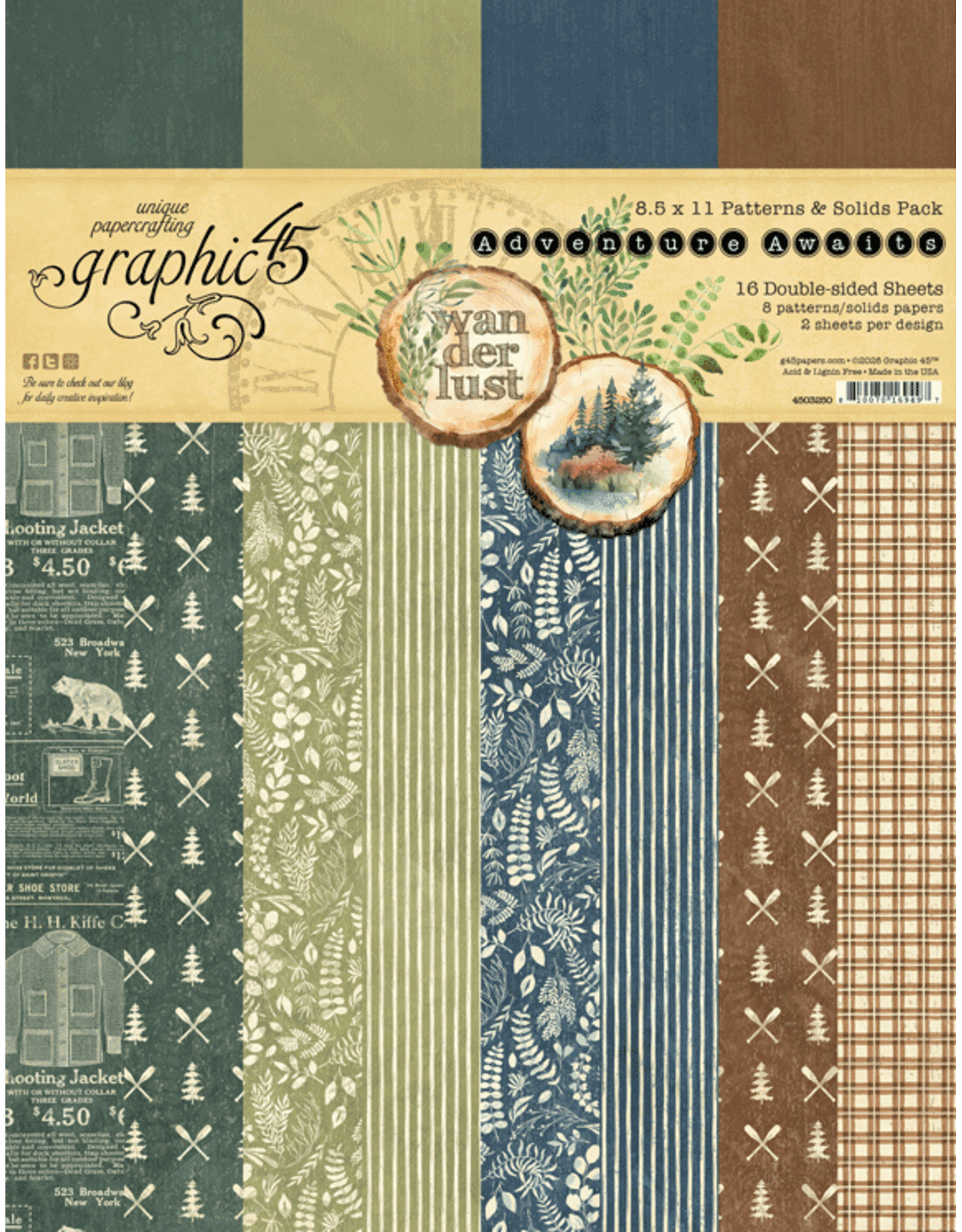 GRAPHIC 45 GRAPHIC 45 ADVENTURE AWAITS PATTERNS & SOLIDS 8.5x11 COLLECTION PACK
