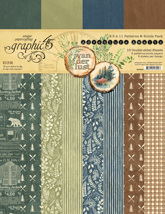 GRAPHIC 45 GRAPHIC 45 ADVENTURE AWAITS PATTERNS & SOLIDS 8.5x11 COLLECTION PACK