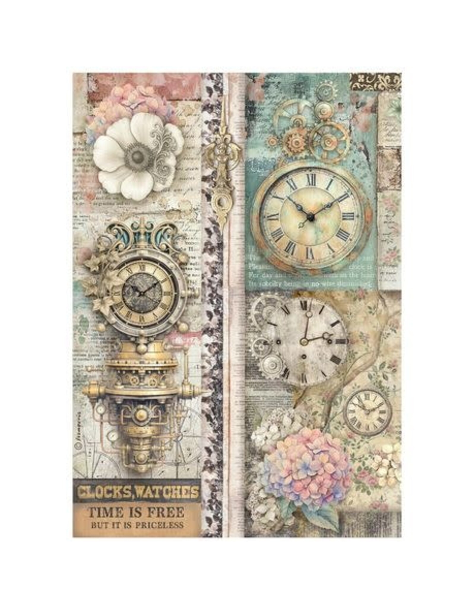 STAMPERIA STAMPERIA GARDENS OF TIME CLOCKS TIME IS FREE A4 RICE PAPER
