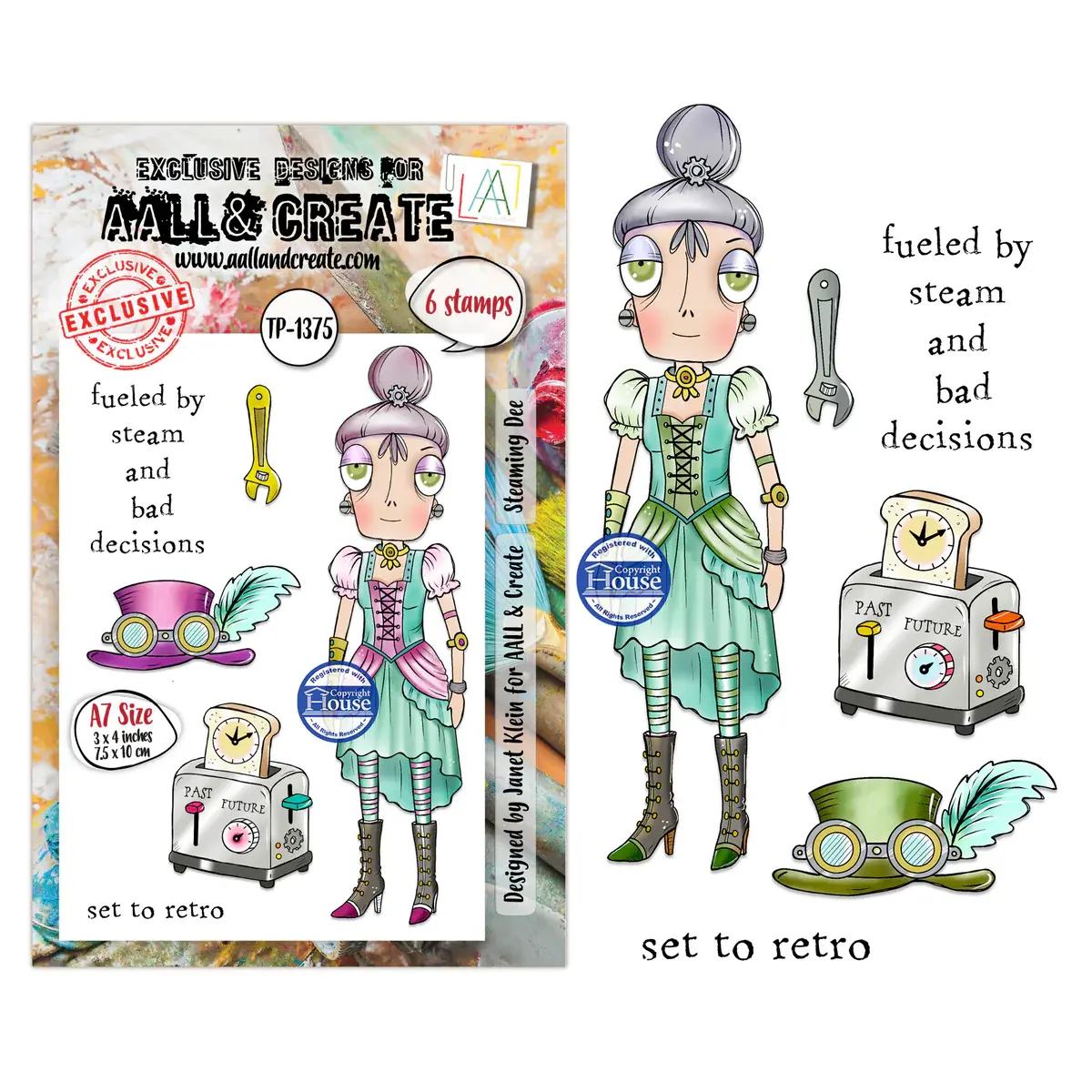 AALL & CREATE AALL & CREATE JANET KLEIN #1375 STEAMING DEE A7 CLEAR STAMP SET