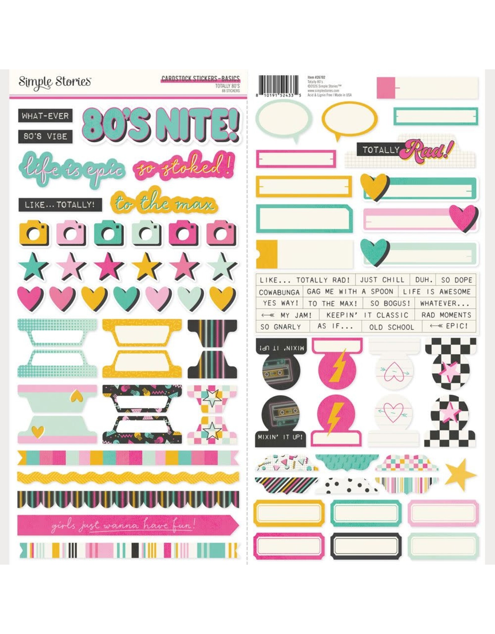 SIMPLE STORIES SIMPLE STORIES TOTALLY 80'S 12x12 CARDSTOCK STICKERS BASICS