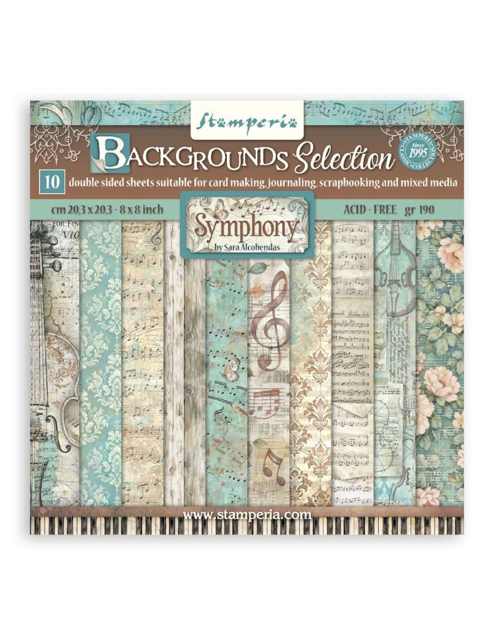 STAMPERIA STAMPERIA SYMPHONY BACKGROUNDS SELECTION 8x8 PAPER PACK 10 SHEETS