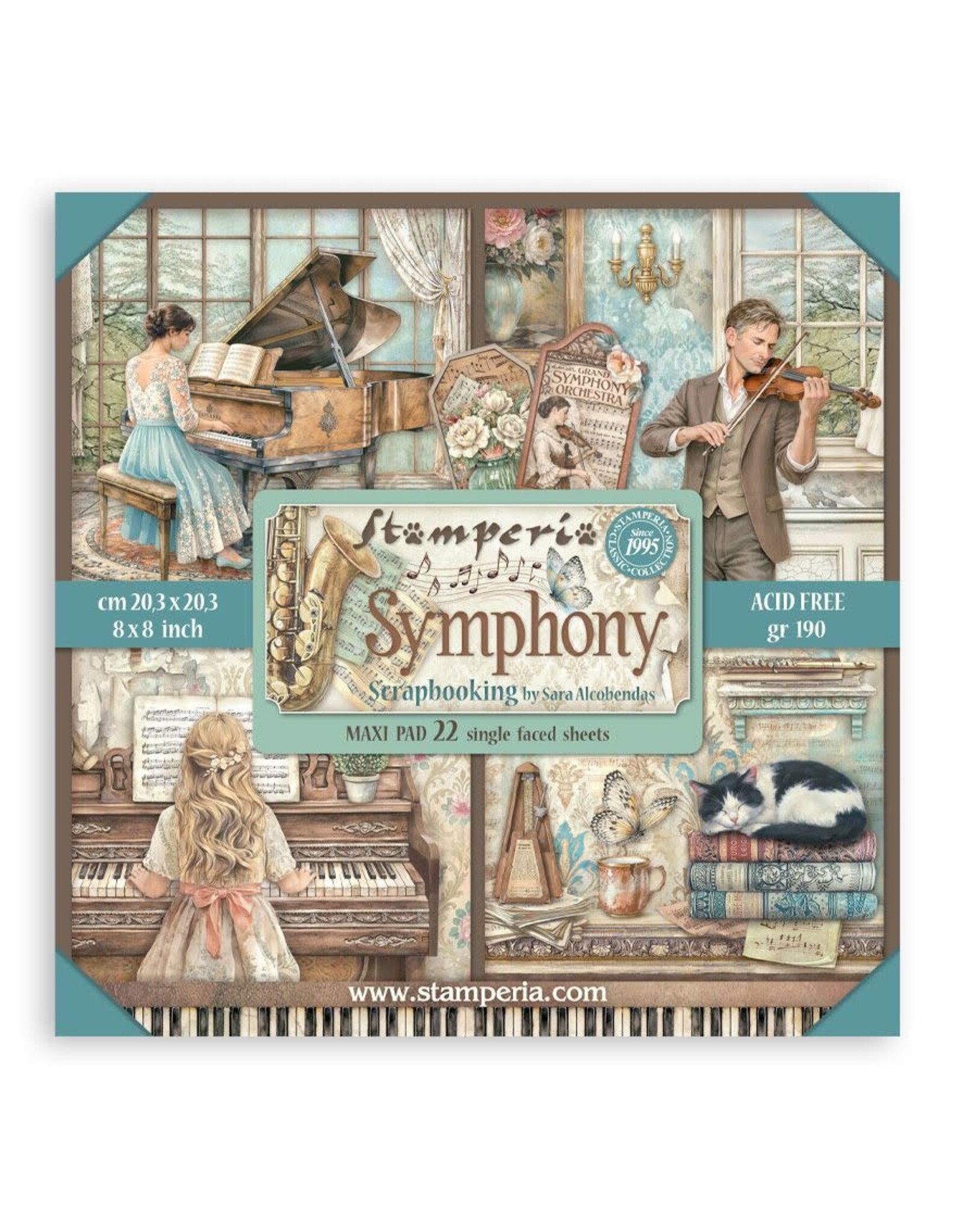 STAMPERIA STAMPERIA SYMPHONY MAXI PAD 8x8 PAPER PACK 22 SINGLE FACED SHEETS