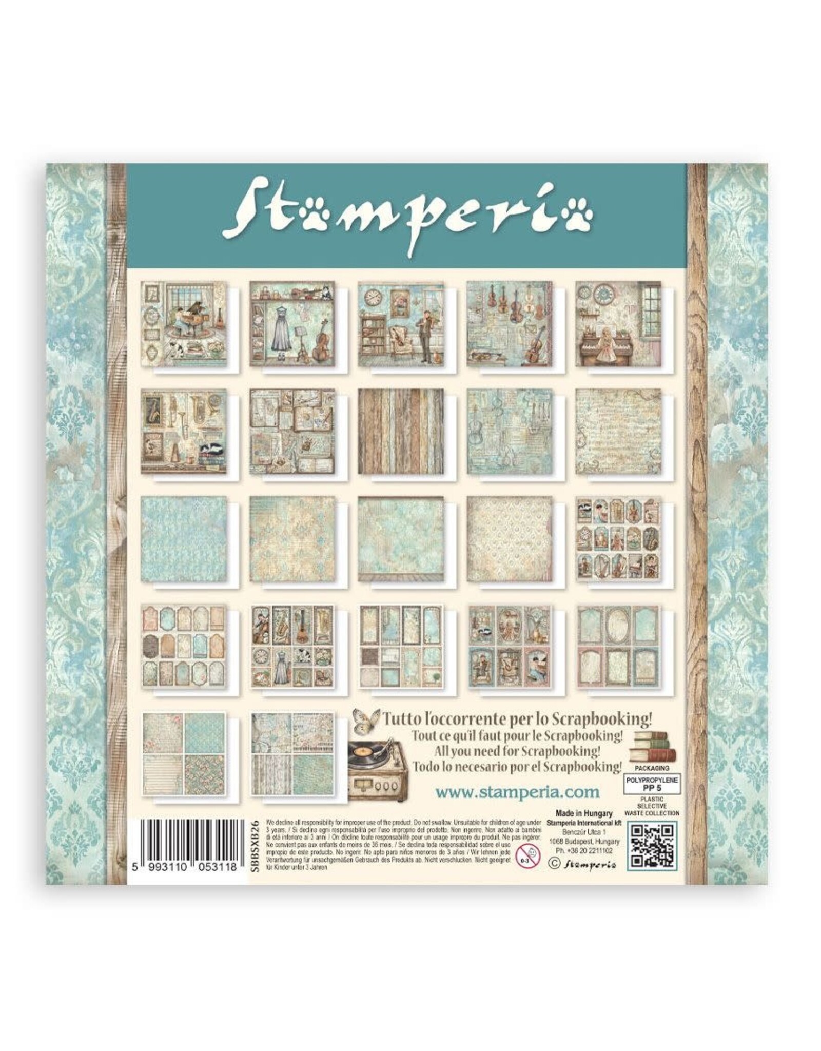 STAMPERIA STAMPERIA SYMPHONY MAXI PAD 8x8 PAPER PACK 22 SINGLE FACED SHEETS