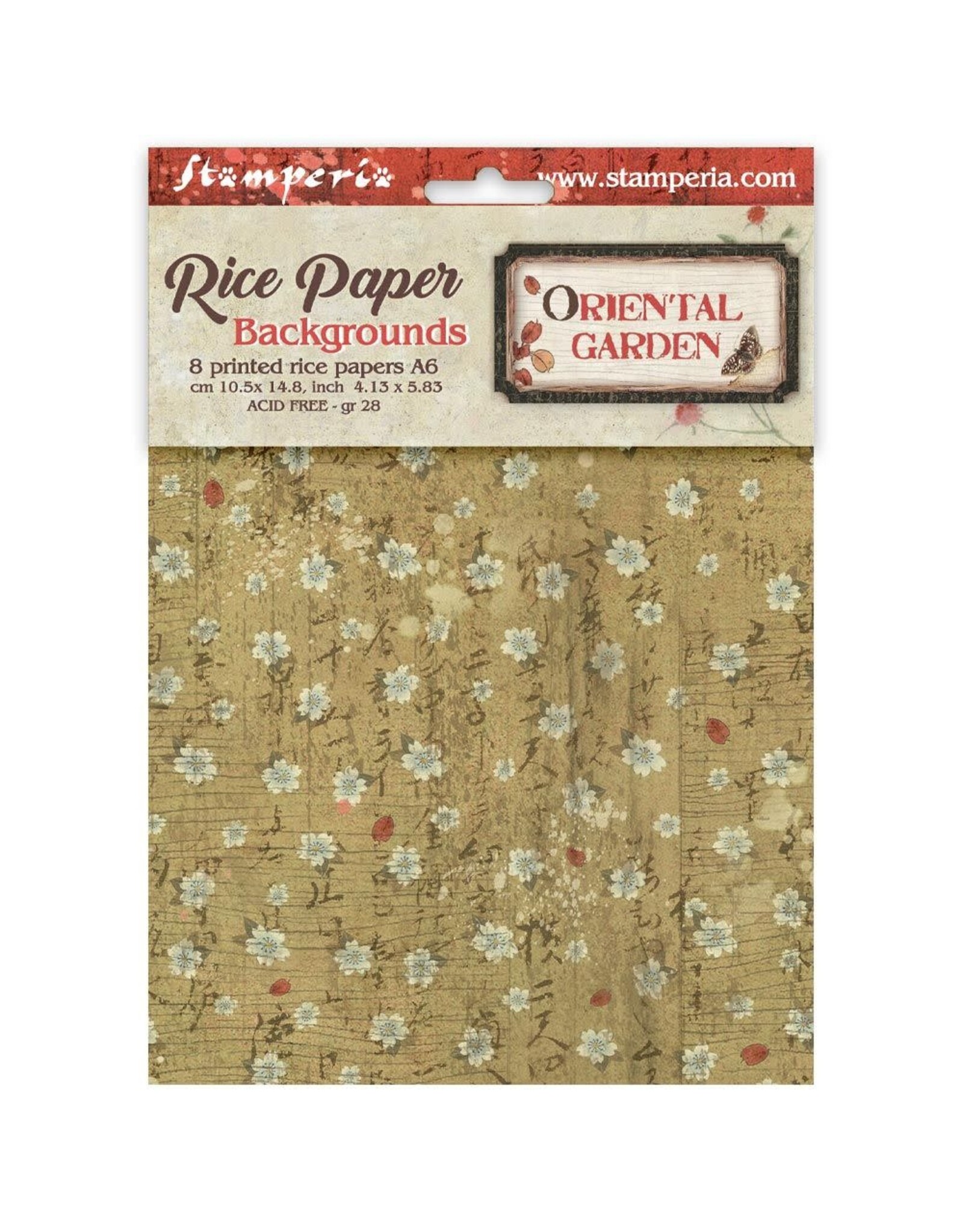 STAMPERIA STAMPERIA ORIENTAL GARDEN ASSORTED A6 RICE PAPER DECOUPAGE BACKGROUNDS 10.5X14.8CM 8/PK
